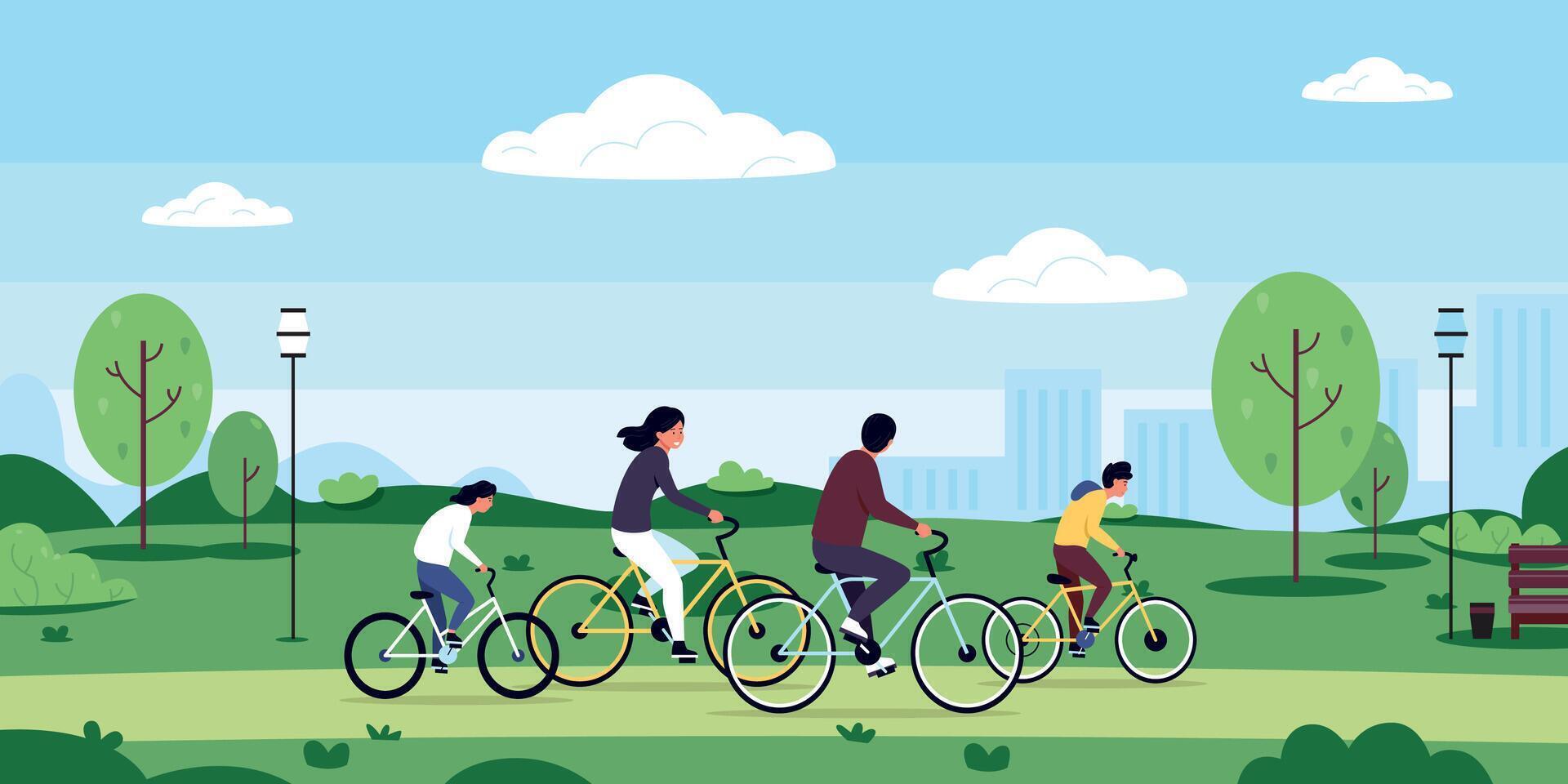familia en bicicleta. dibujos animados al aire libre bicicleta paseo en naturaleza con niños mamá y papá, familia caracteres juntos en activo ocio ciclismo en parque. vector ilustración