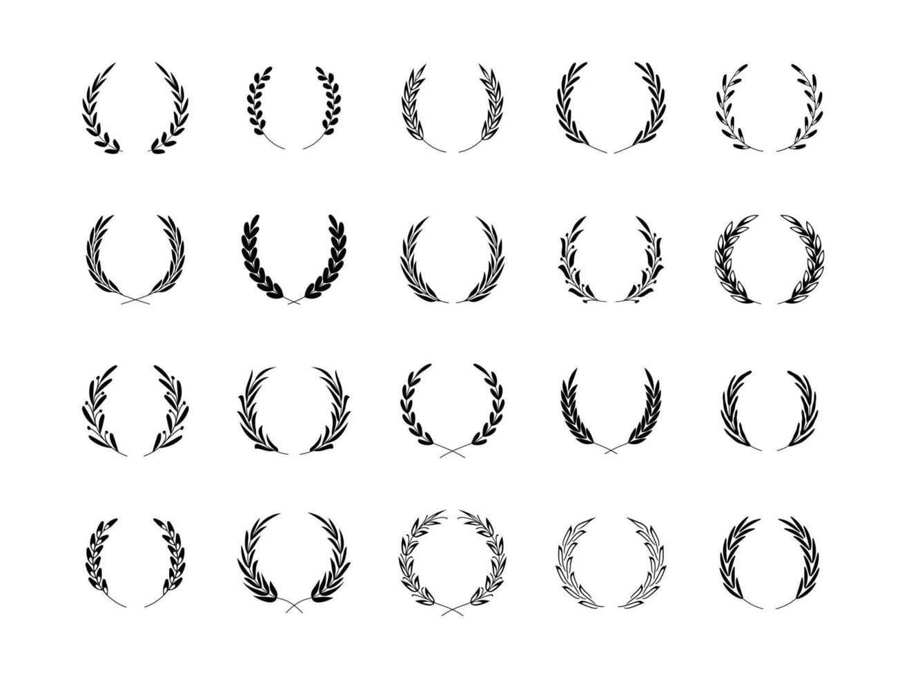 Laurel wreath. Round olive branch award diploma and certificate silhouette symbol, victory circle decorative emblem. Vector trophy and prize ornamental seal set