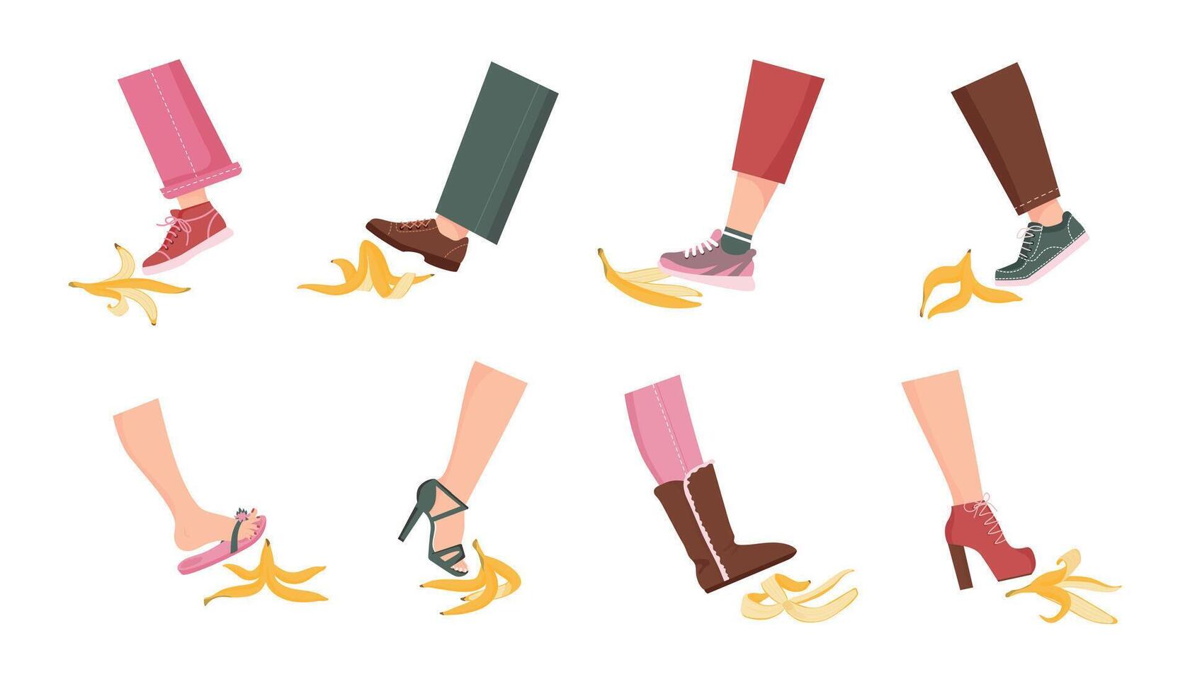 Slip on banana peel. Cartoon comic accident, man and woman persons foot stepping and slipping on banana skin. Vector risk and failure concept set