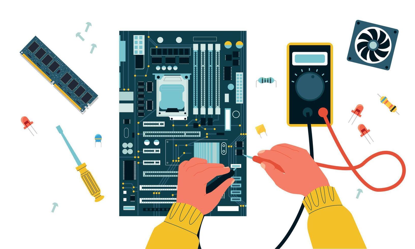 Computer repair. Electric circuit troubleshooting and maintenance with tester, semiconductor hardware components recovery. Vector illustration