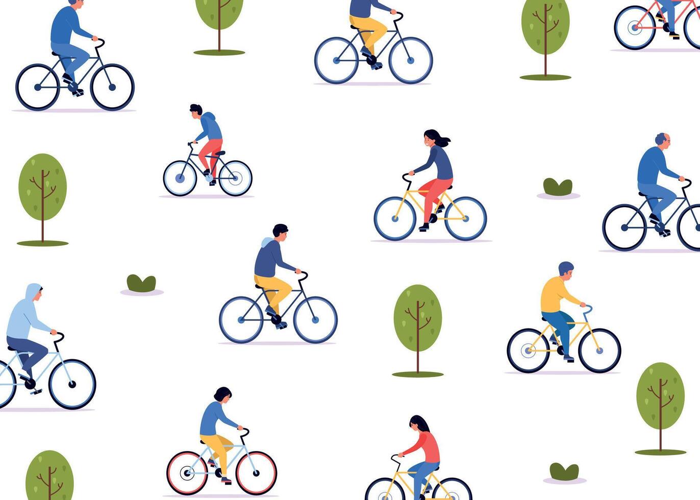 hombre en bicicleta modelo. sin costura impresión con dibujos animados bicicleta jinete, activo recreación y ciclismo concepto con ciclista. vector textura