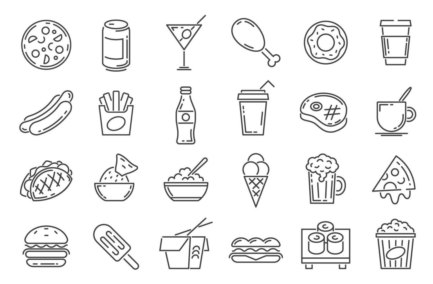 Fast food line icons. Cafeteria snack, sandwich, drink, pizza, hamburger and hotdog. Outline takeaway dishes and cafe menu symbol vector set