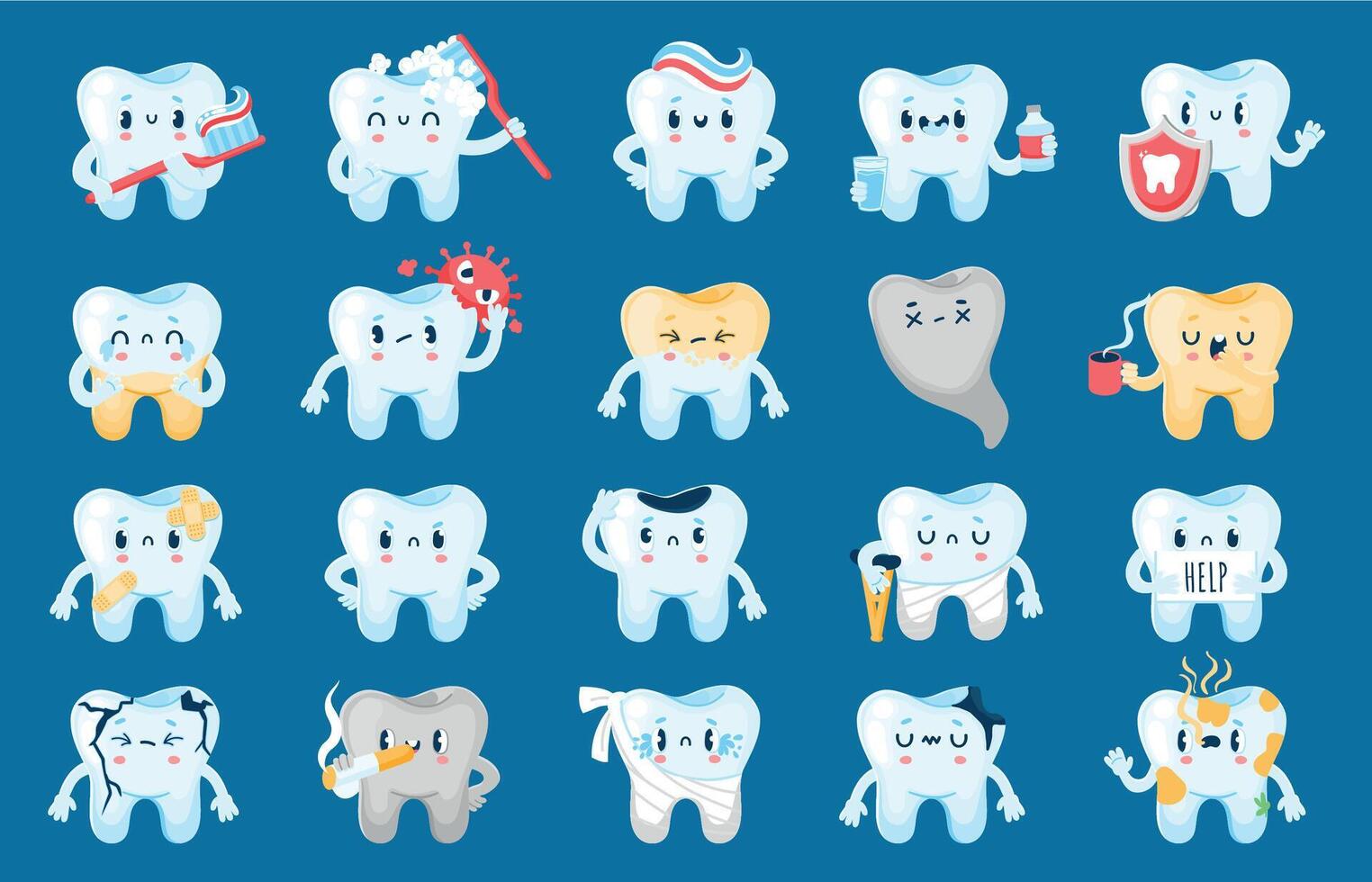 Good and bad tooth. Healthy cartoon characters and with dental problems, caries, infection and erosion. Vector unhappy teeth with sad faces, dental care concept