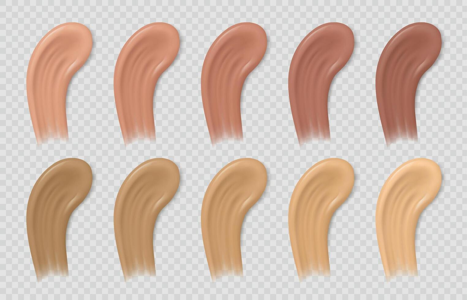 Color foundation smudges. Liquid beige and brown concealer tone strokes. Realistic cosmetic cream base swatches. Makeup samples vector set