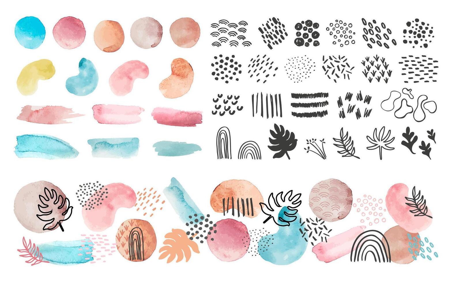 Watercolor shapes, lines and patterns. Abstract modern art splashes and brush strokes. Trendy paint circle texture, dots and leaf vector set