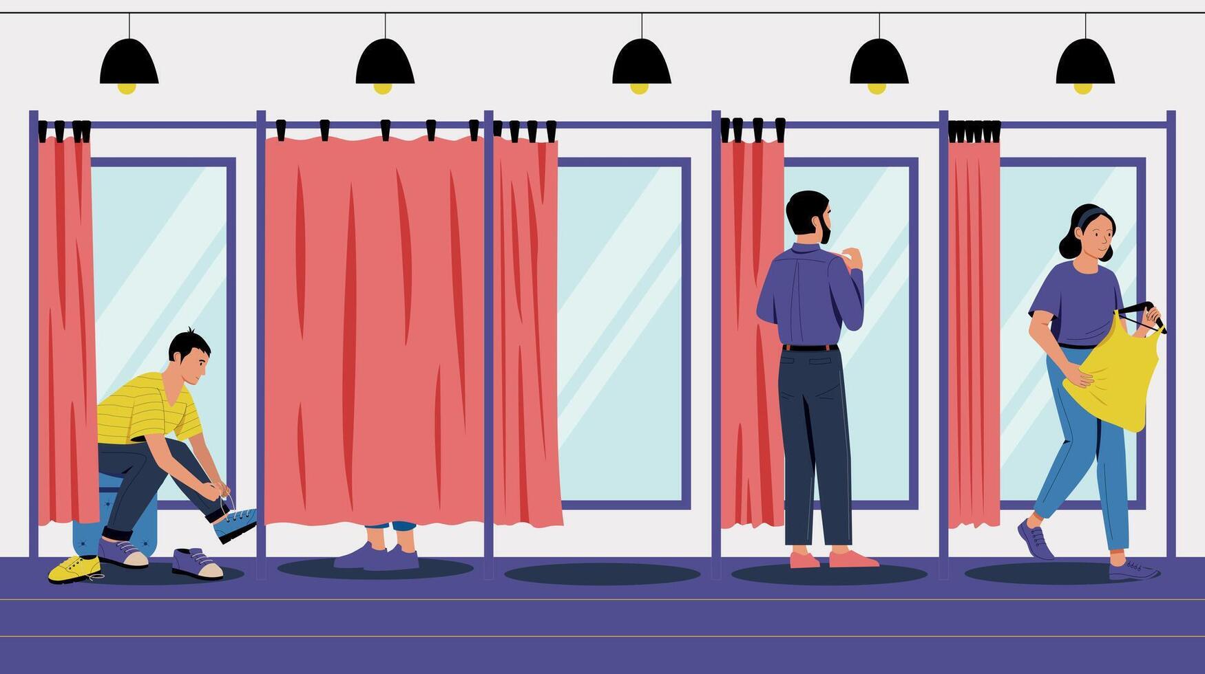 Customers in dressing room. Cartoon buyers try on clothes and shoes in clothing store. Vector illustration