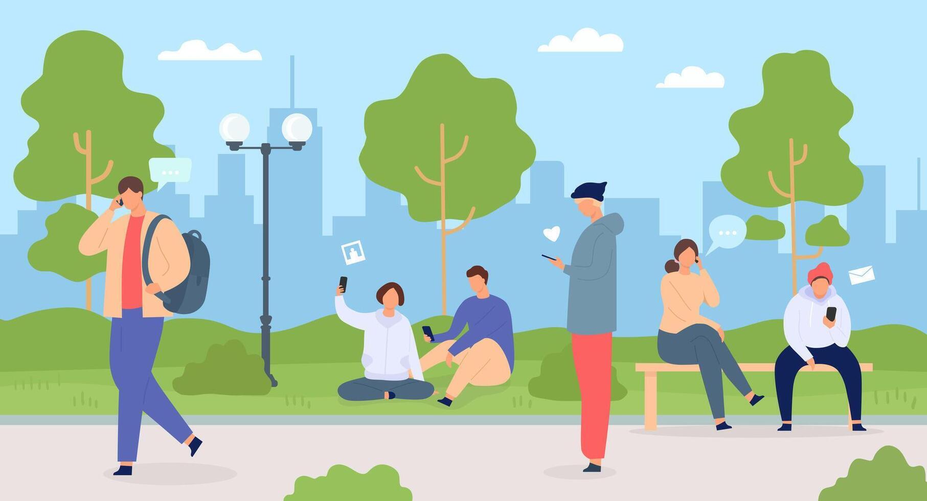 personas con Los telefonos en ciudad. hombres y mujer en parque utilizando artilugio. multitud en pueblo naturaleza. caracteres con móvil tecnología vector plano concepto