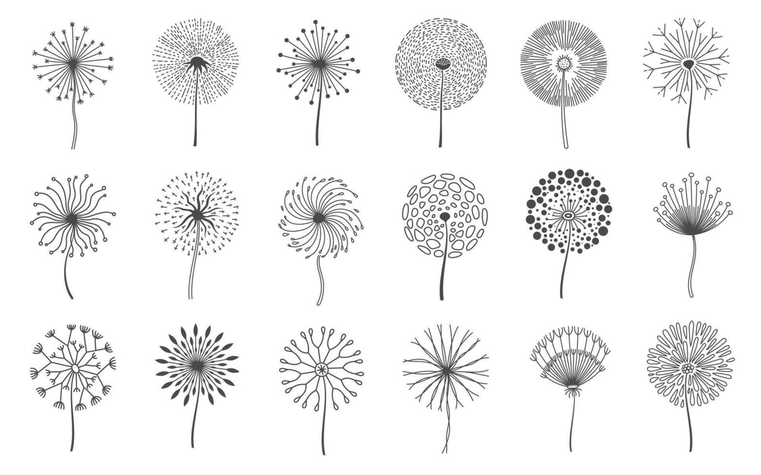 Dandelion flowers. Fluffy meadow flower with seeds. Summer natural floral fluff silhouette. Line blossom decorative logo elements vector set