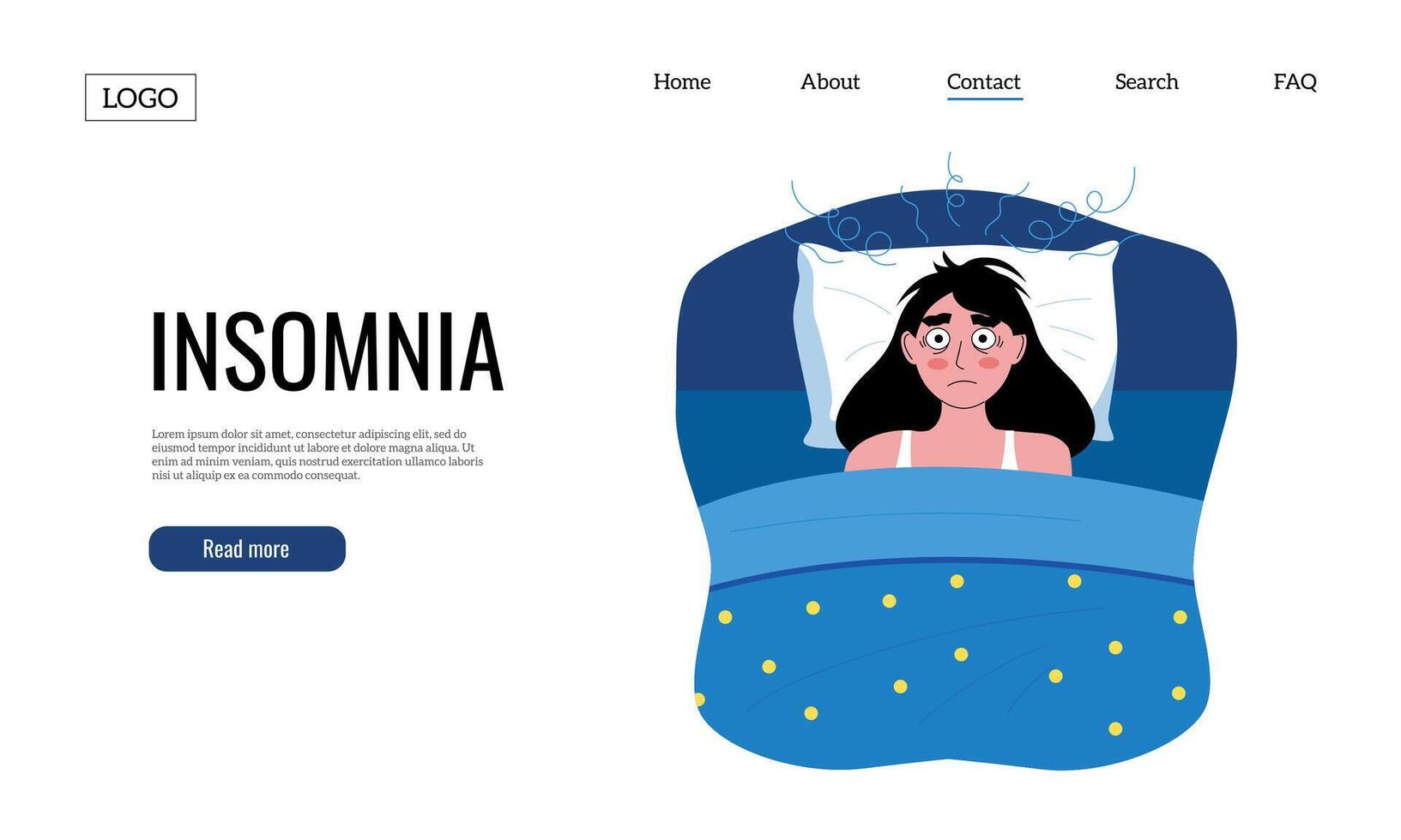 Insomnia landing. Web page template with awake girl character, sleepless night concept and sleep disorder website. Vector layout with tired person