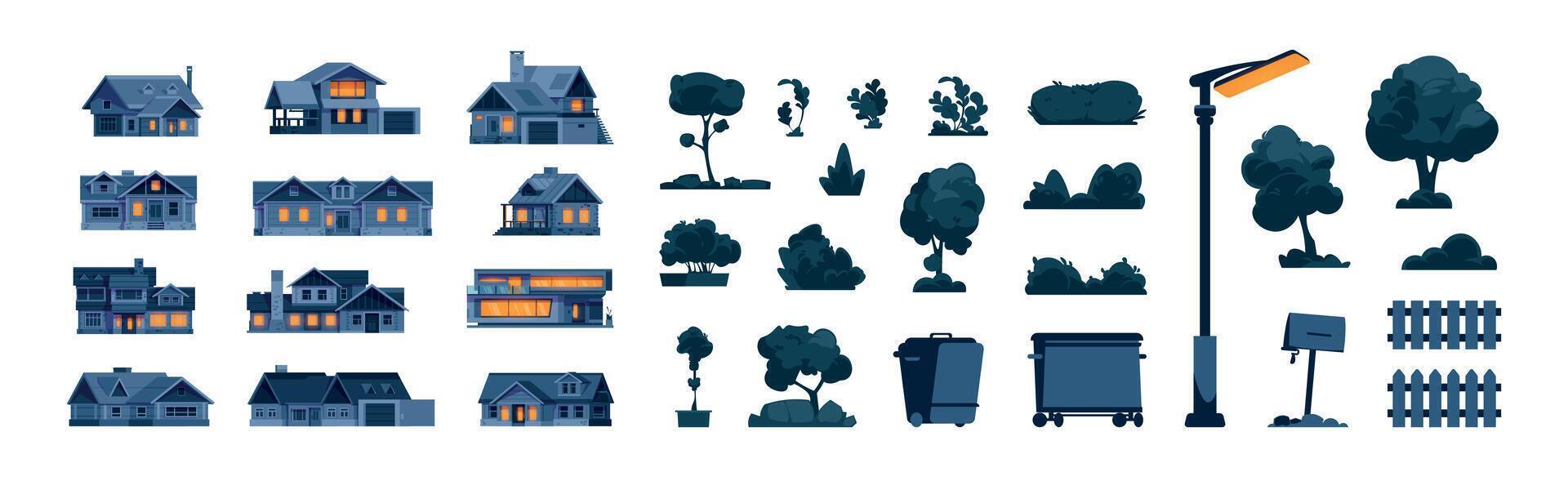 Night suburban elements. Cartoon cottage houses at night, bushes, trees, street lamps and garbage container. Vector night street constructor kit