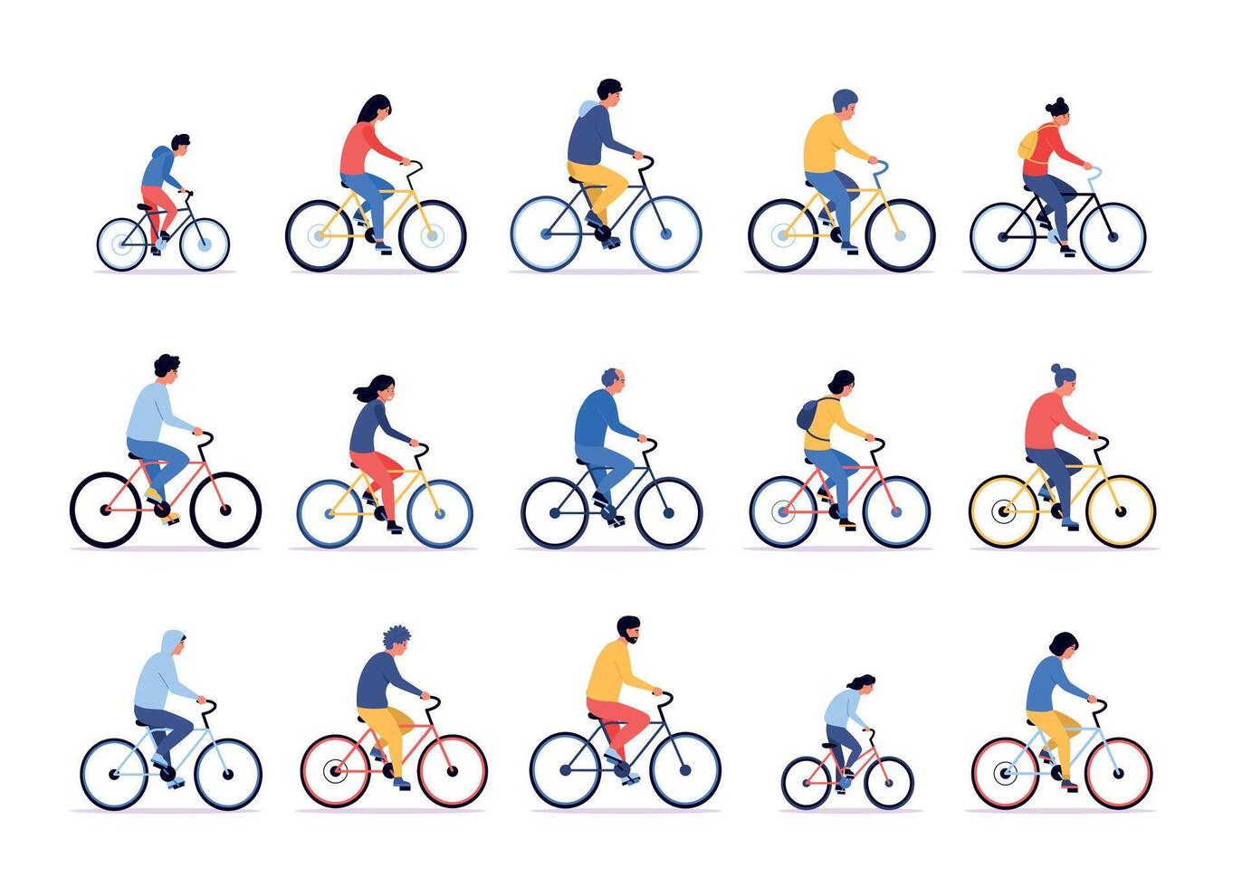 personas en bicicleta. dibujos animados personas paseo en bicicleta, diferente deportistas ciclismo juntos, hombre y mujer con activo estilo de vida. vector hombres y mujer ciclistas conjunto
