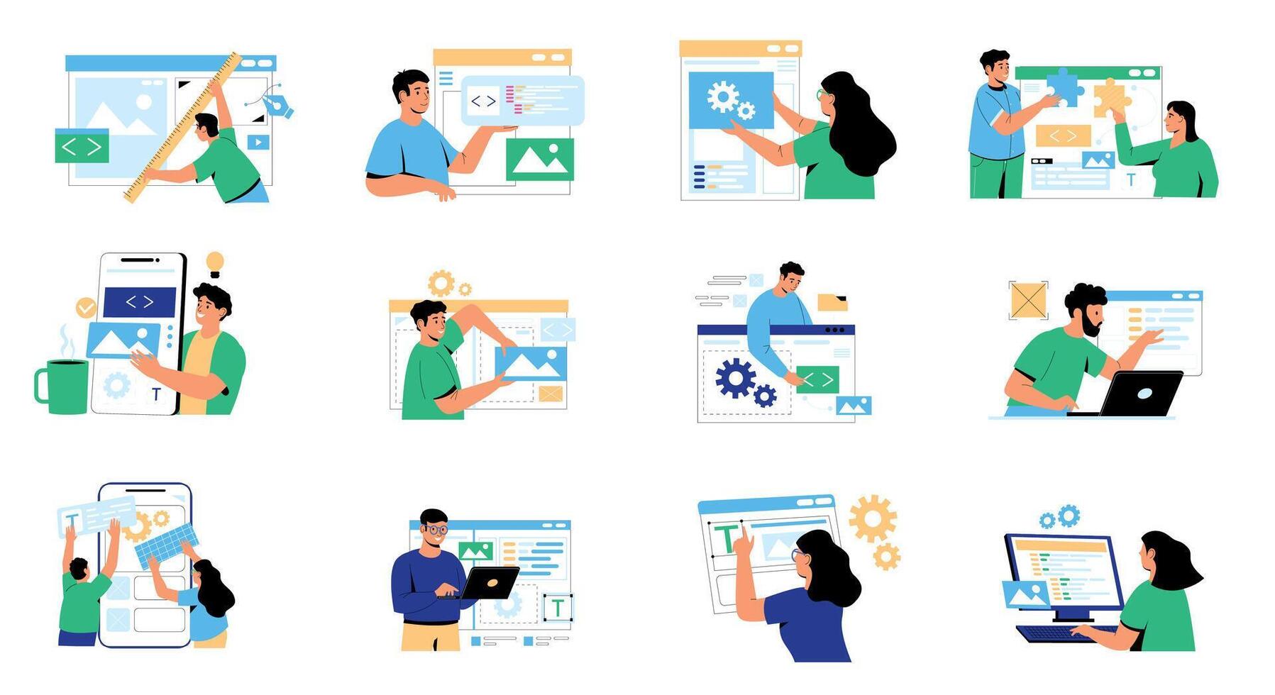 web desarrollo concepto. moderno caracteres creando móvil web página, software desarrolladores trabajando en corporativo ui, código y programa para sitio web. vector aislado conjunto
