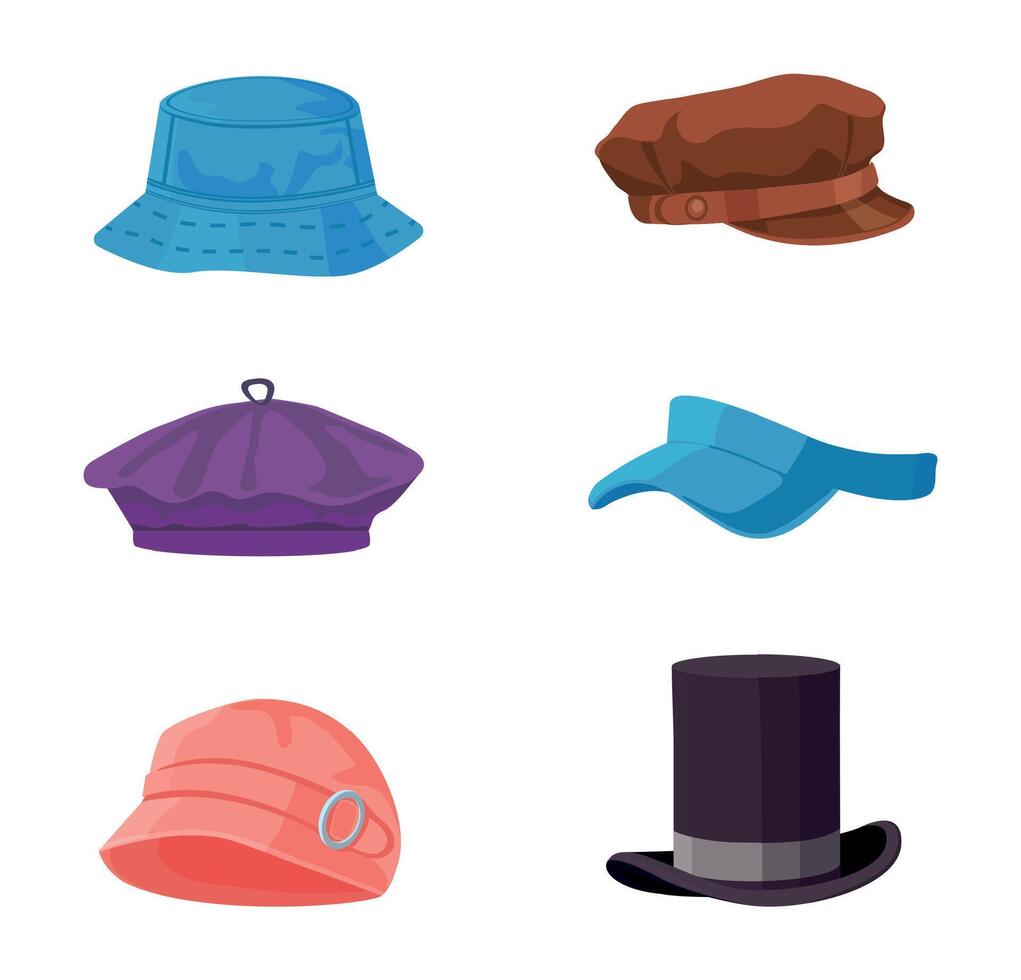 dibujos animados sombreros hembra y masculino diferente estilo tocado. elegante y deporte Moda accesorio como capó vector