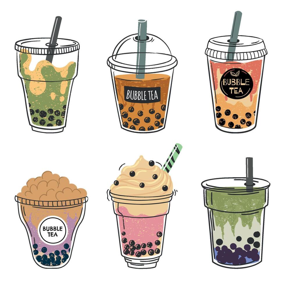 Bubble tea collection, drink in plastic cup with straw vector