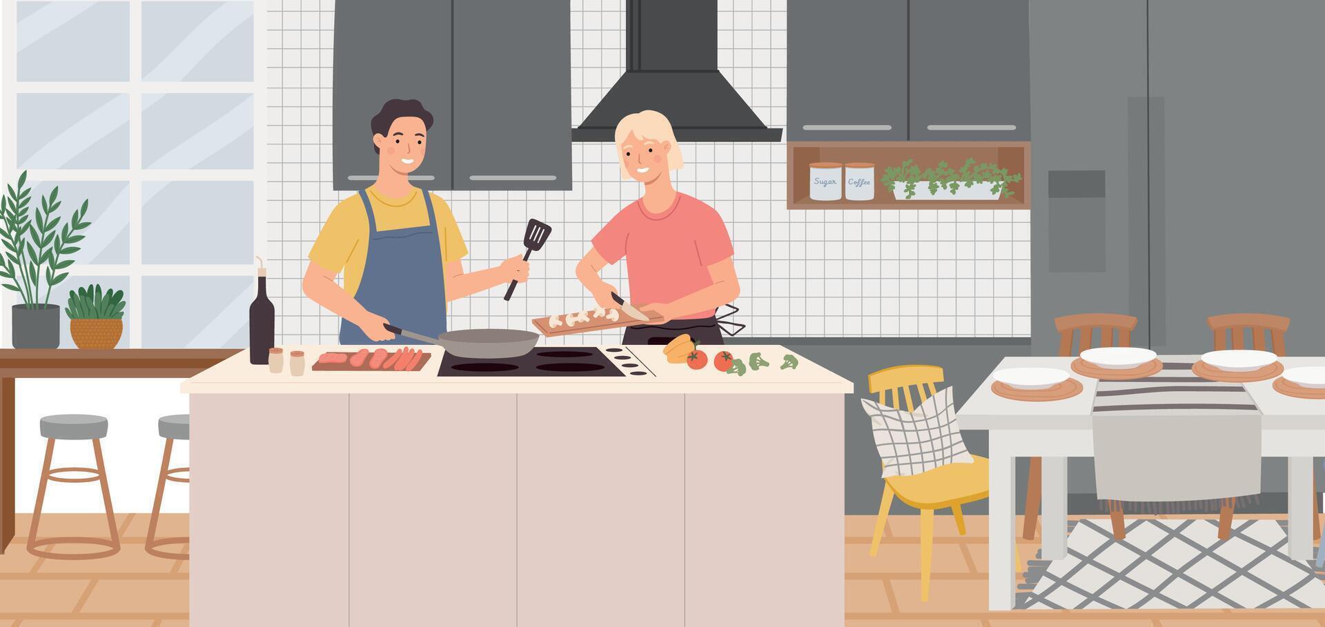 Family cooking at home. Man and woman frying mushrooms, sausages and vegetables. Couple making dinner vector