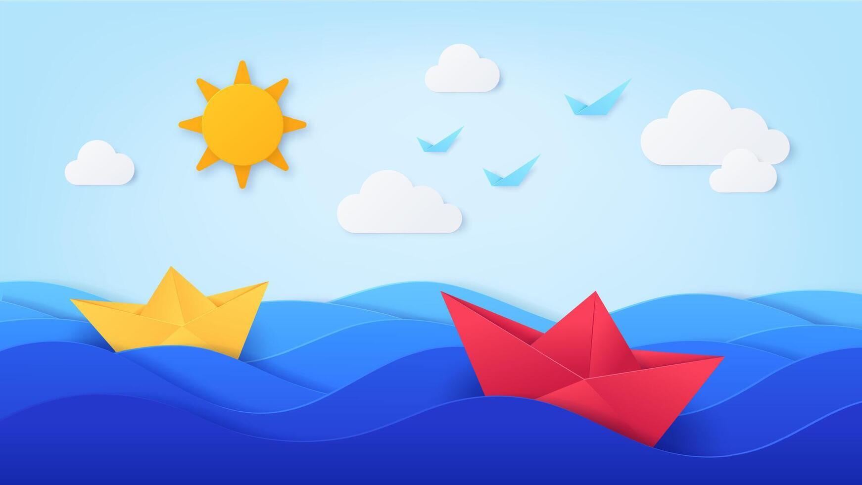 Paper sea with boats. Origami with ocean waves, ships, blue sky, sun, birds and clouds. Summer day seascape in paper cut style, vector art