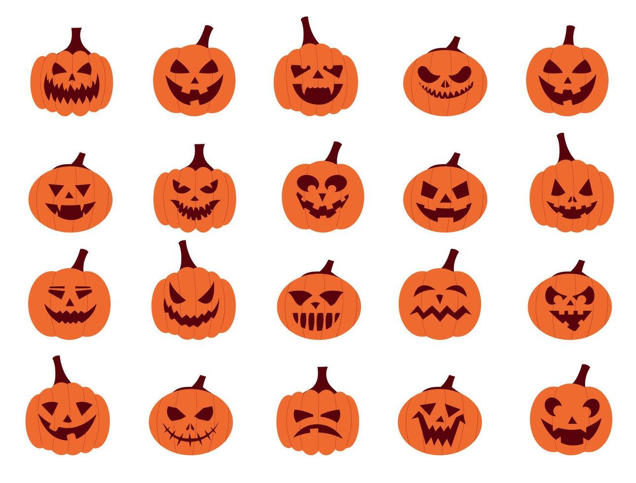 Pumpkin faces. Cartoon Halloween Jack characters with scary smiley and angry faces, vegetable carving for horror party posters. Vector Halloween emoticons set