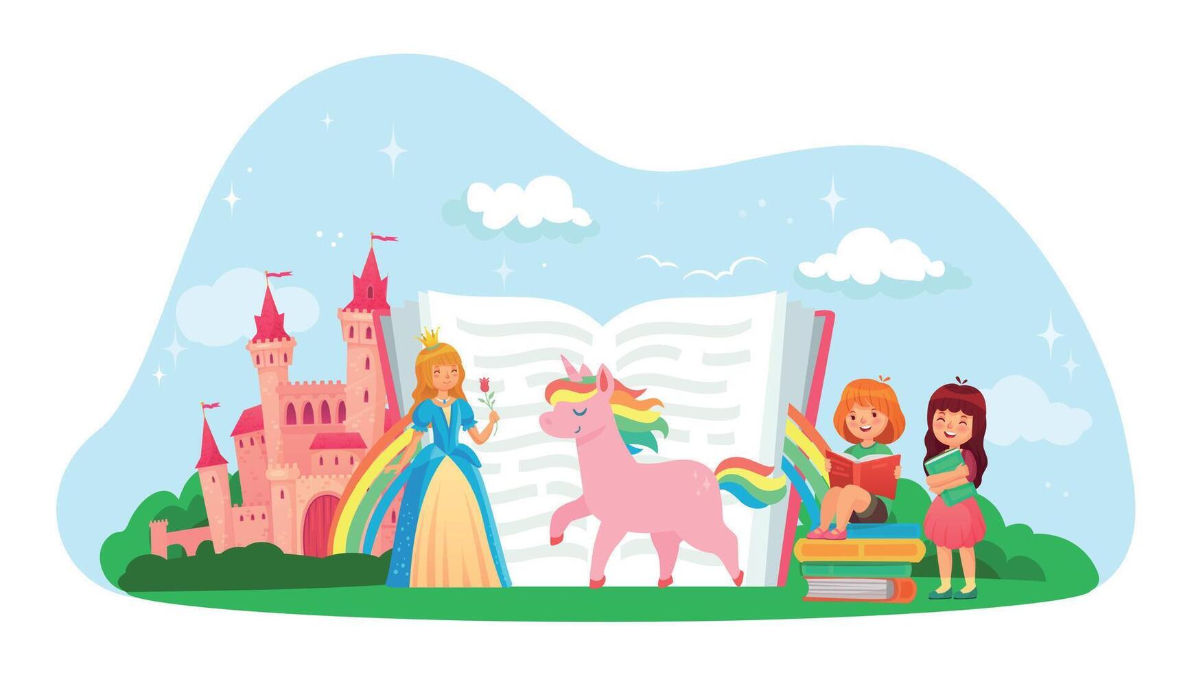 Kids reading book. Girls sitting on book pile and enjoying literature, imagining princess, unicorn characters near castle vector