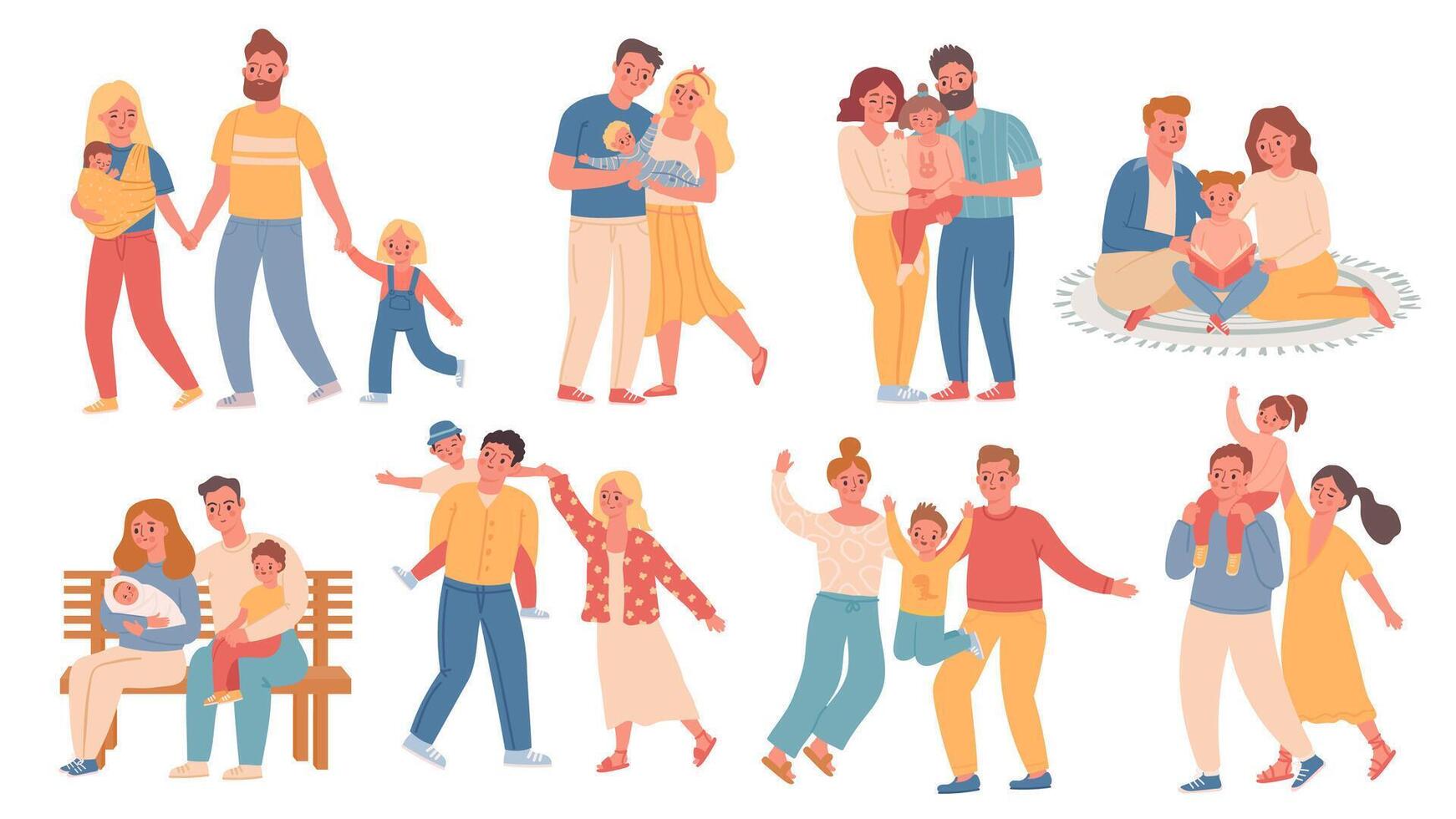 Happy families. Parent and kid walk, hug, read and play together. Mother with baby, father, son and daughter. Trendy flat family vector set