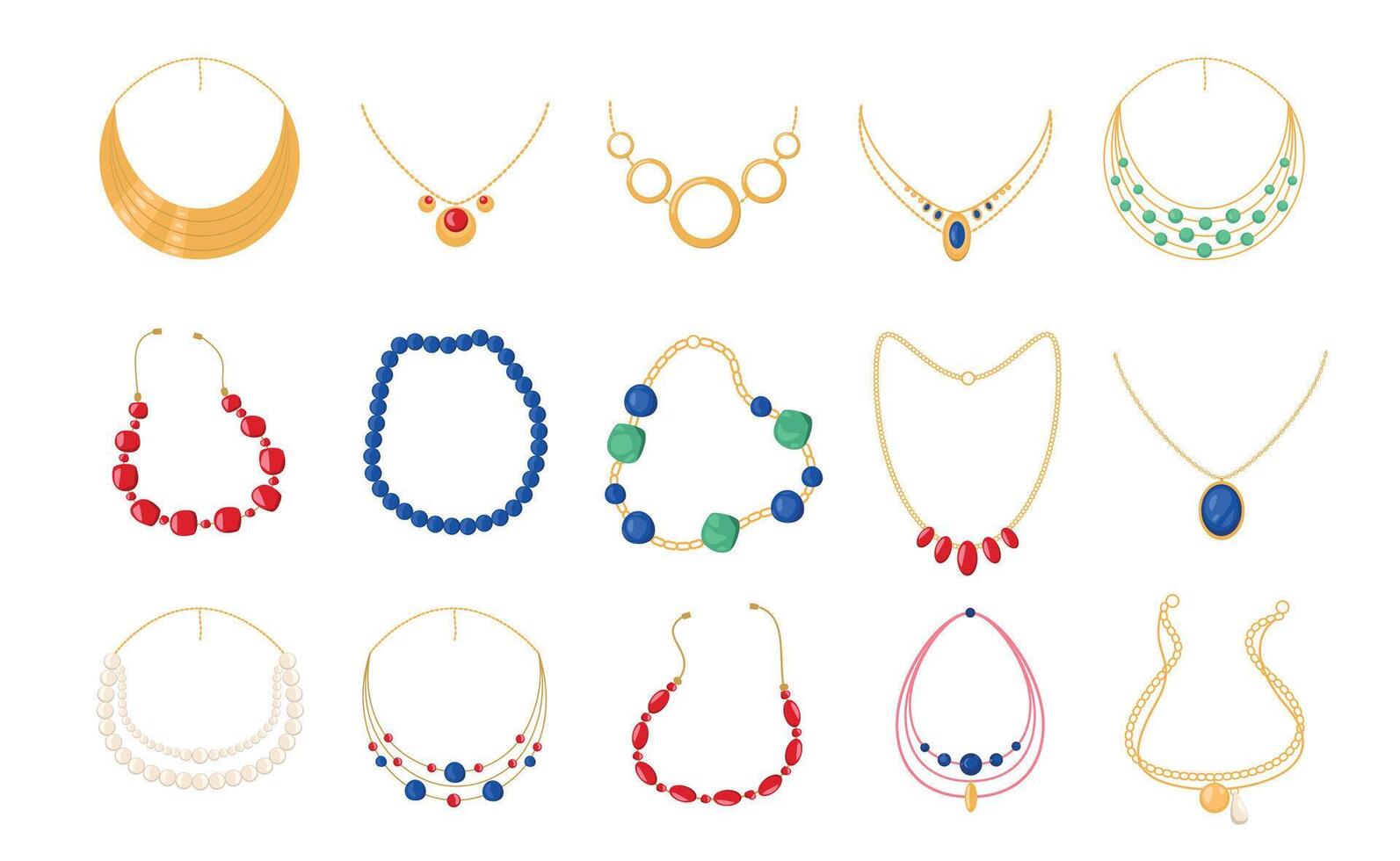 Cartoon necklaces. Luxury gold metal beads jewellery, woman fashion pearl collar beads chain with gemstone bijouterie. Vector isolated collection