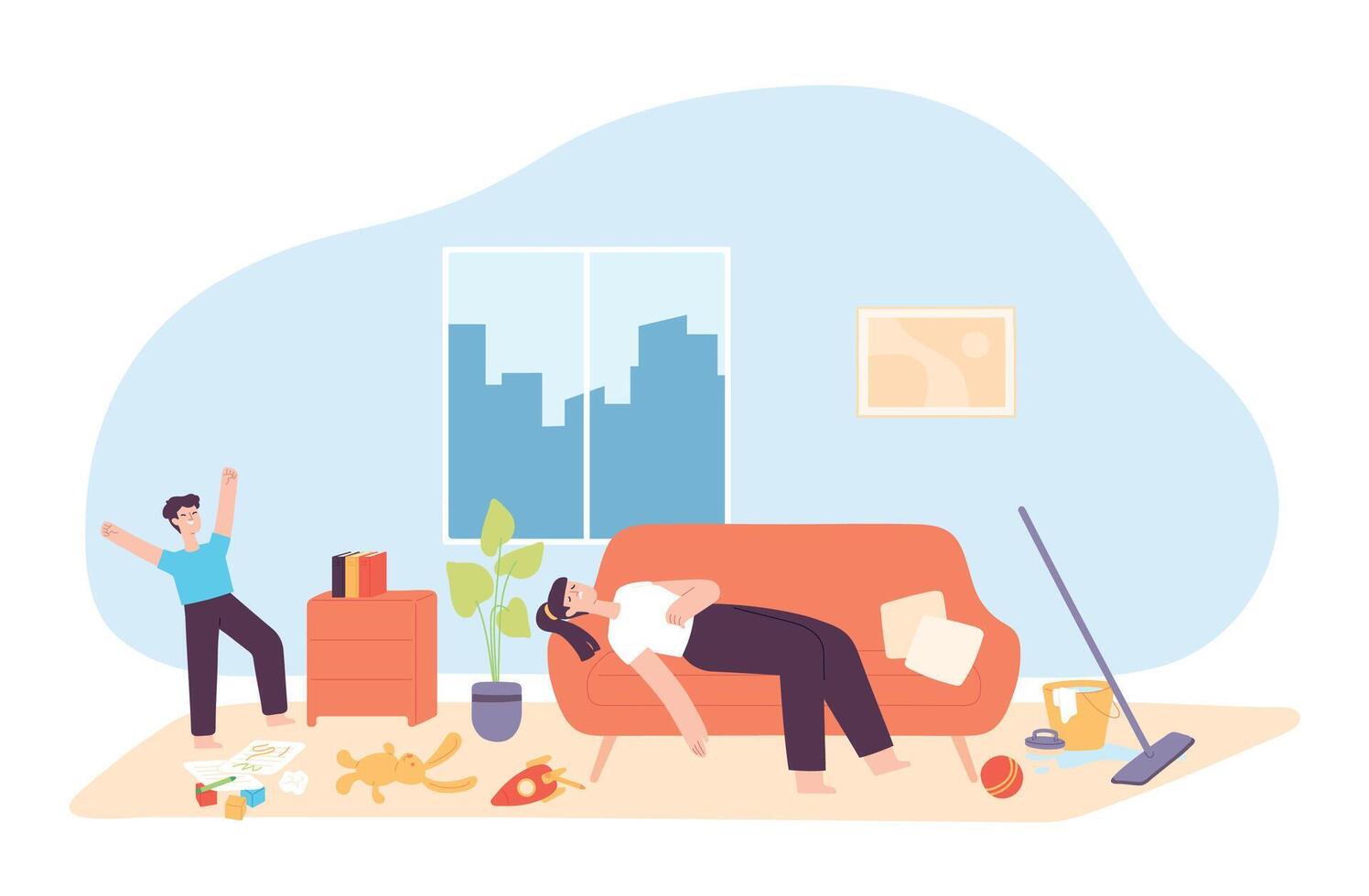 Unhappy women tired from housework. Tired mother lying on sofa in messy room. Cheerful child playing with toys on floor vector