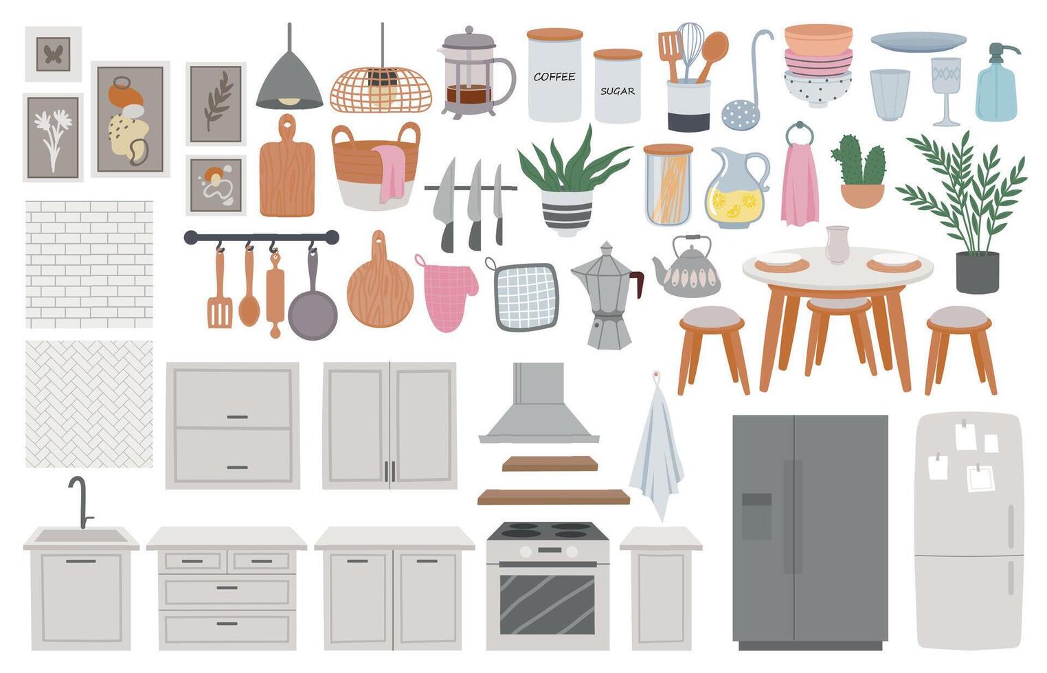 dibujos animados acogedor escandinavo cocina muebles, interior elementos. comida mesa, refrigerador, vajilla y hundir. hogar cocinar habitación vector conjunto