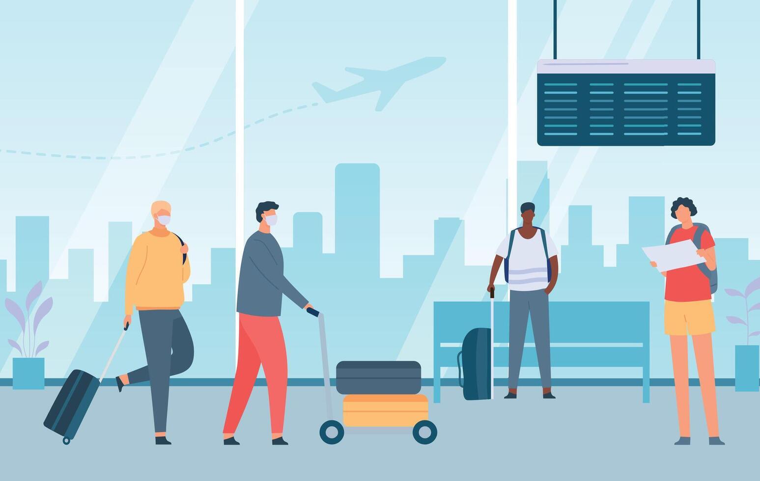 People airport boarding and waiting to flight at terminal vector