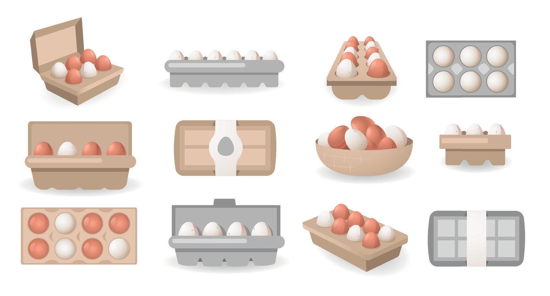 Eggs in boxes. Chicken fresh organic food in cardboard container cartoon style, package of cooking ingredients broken eggshell protein raw yolk. Vector set