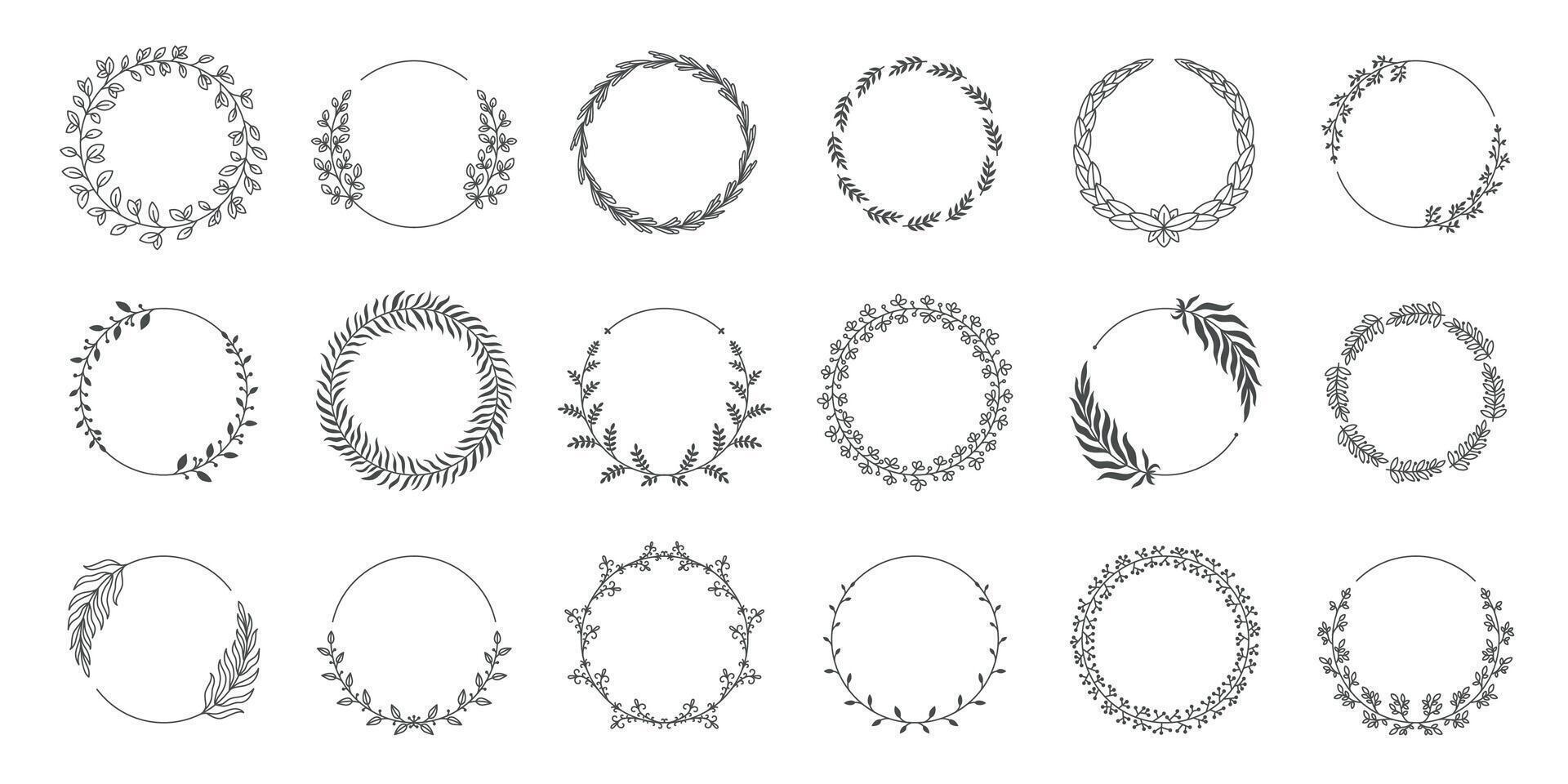 Circle leaf frame. Floral round laurel wreath of oil branch, wedding silhouette emblem, award certificate symbol. Vector decorative element collection