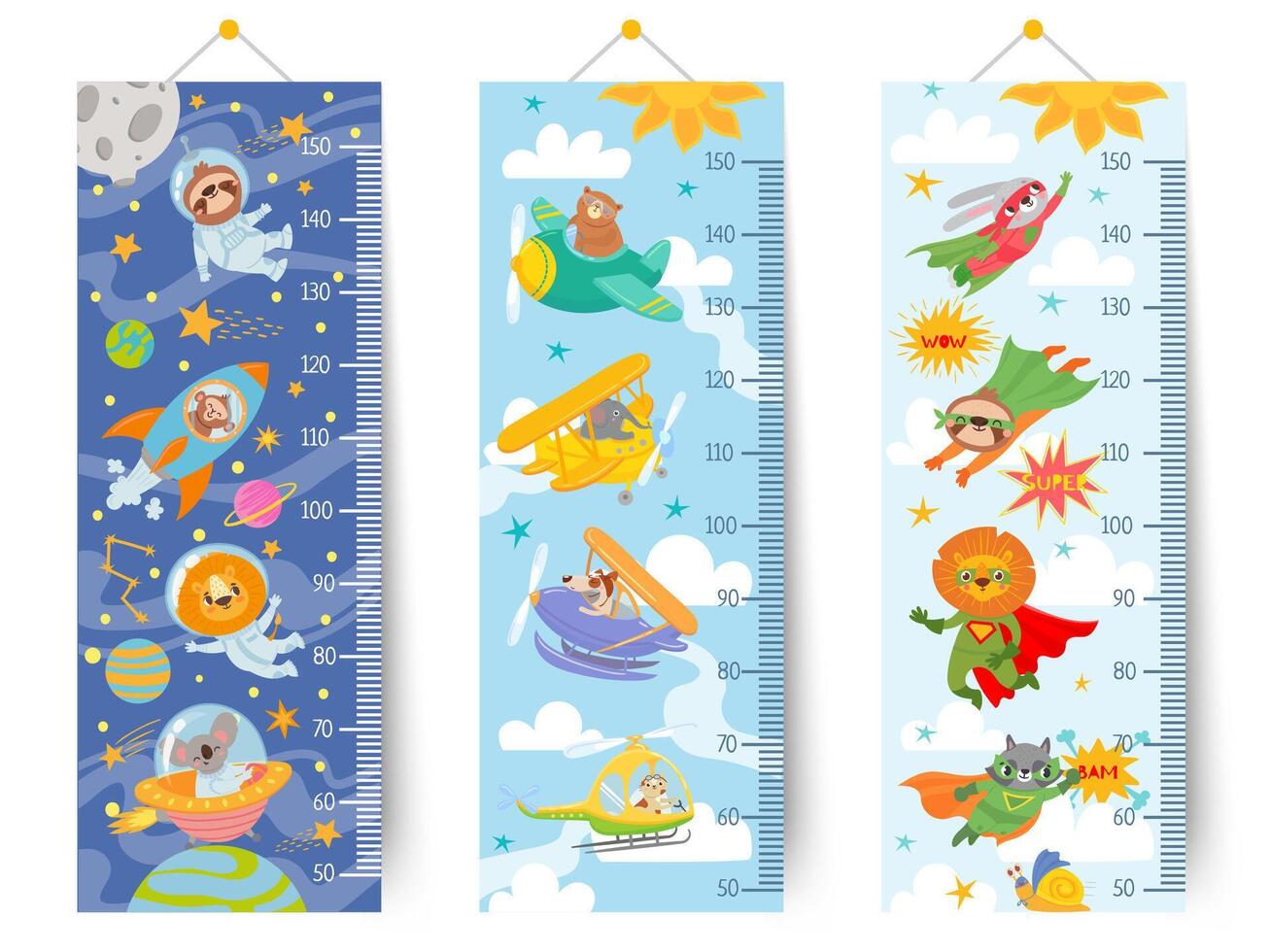 Kids height chart. Cartoon wall ruler for children with animals astronaut in space, pilots in sky and superheroes, sticker meter vector set