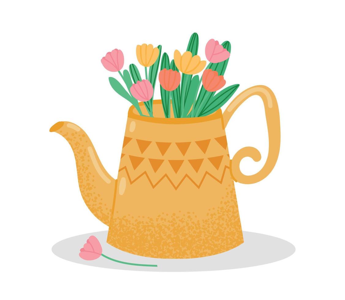 Cute teapot with bouquet of flowers isolated vector