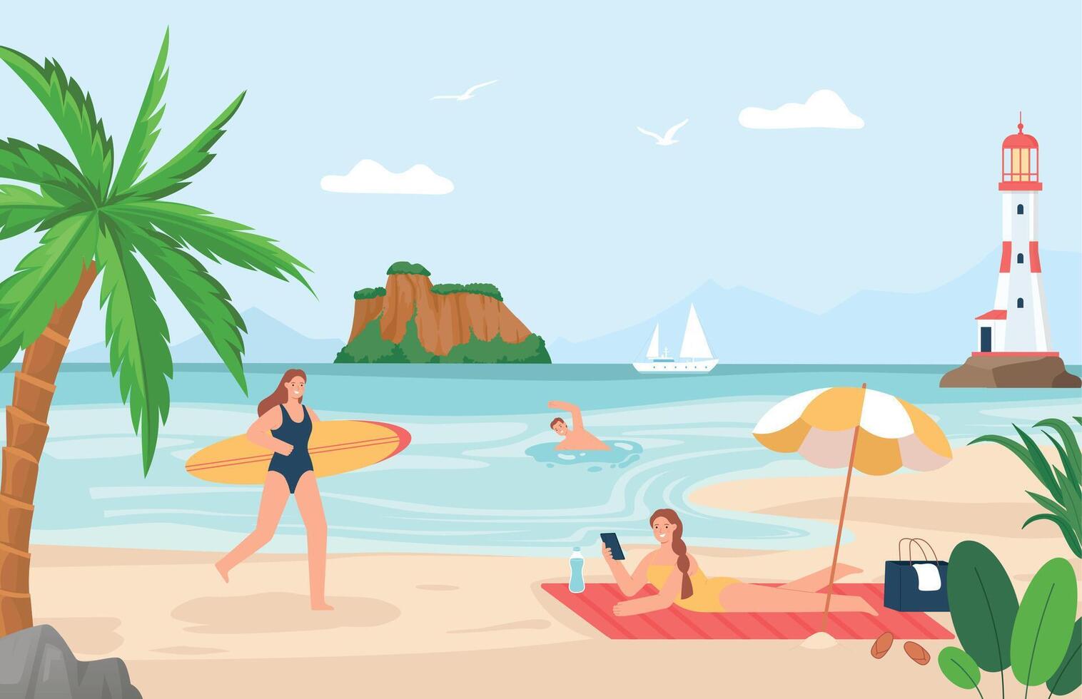 People at beach. Female and male characters on vacation having different activities. Woman sunbathing, man swimming vector