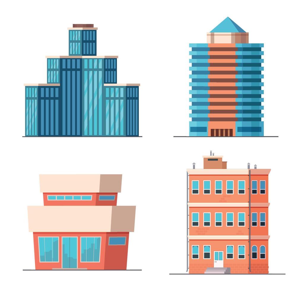 Cartoon office city buildings, modern skyscrapers, towers and houses with apartments. Business town architecture vector