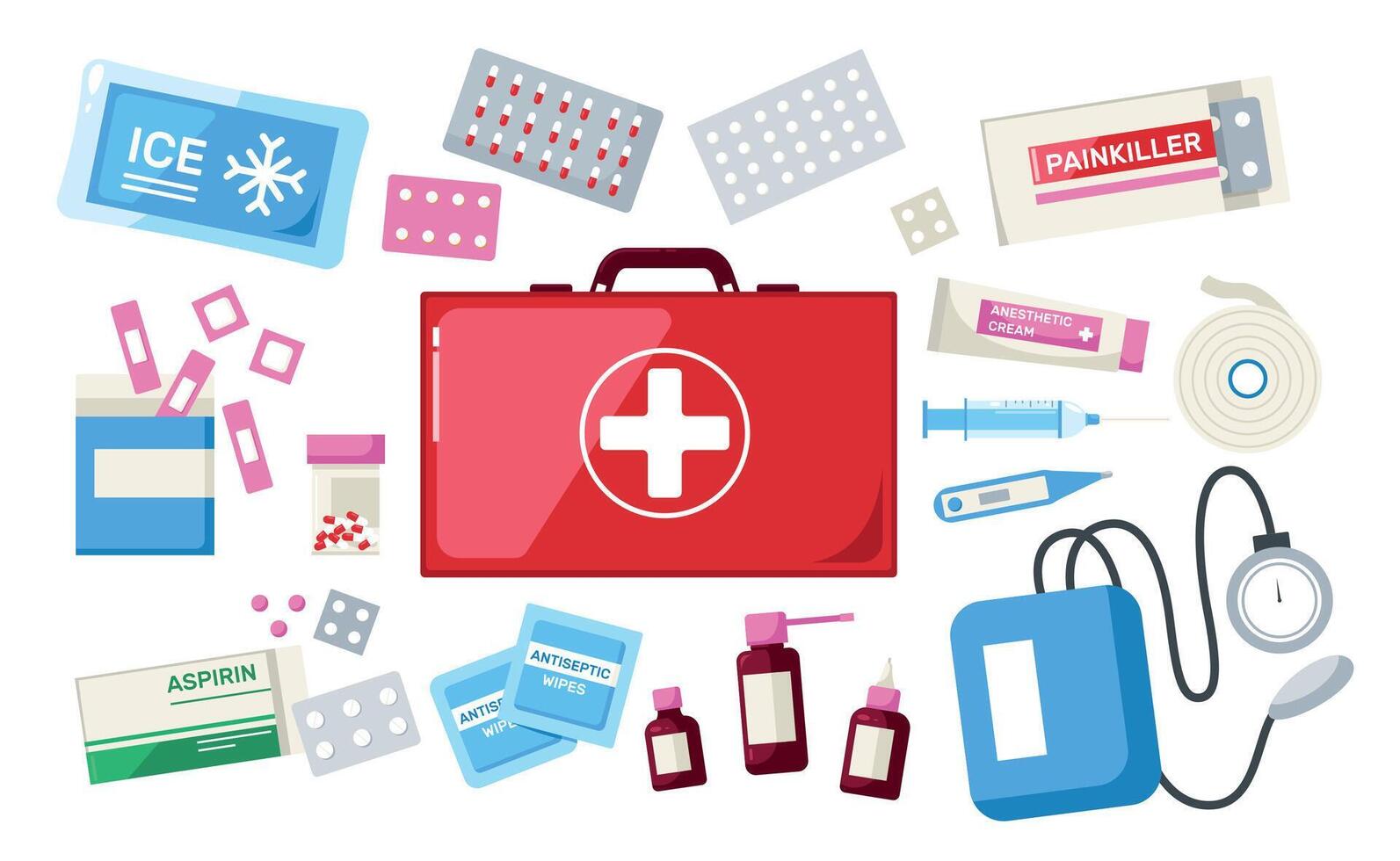 First aid kit. Medical emergency bag with medicine and tools, doctor pharmacy red chest bandage plaster syringe pill, urgency healthcare concepts. Vector set
