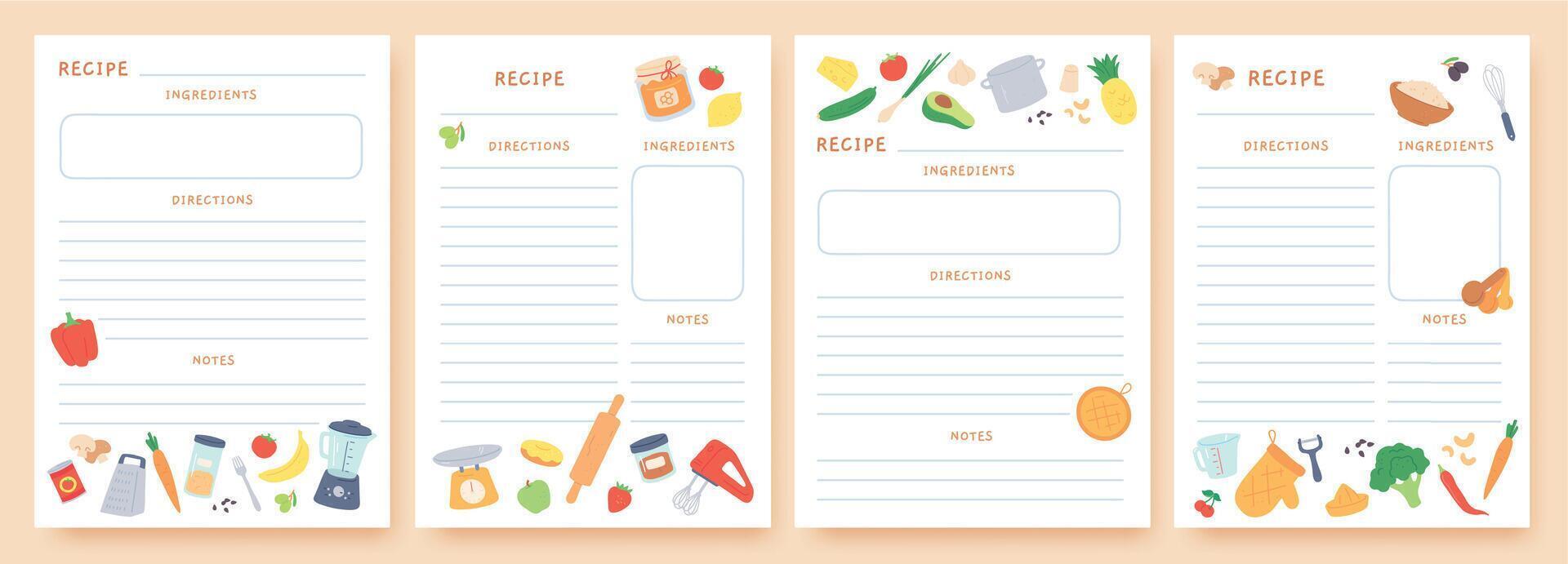 receta tarjetas paginas para culinario libro decorado con ingredientes y cocina utensilios comida preparación iconos cocinar tarjeta modelo vector conjunto