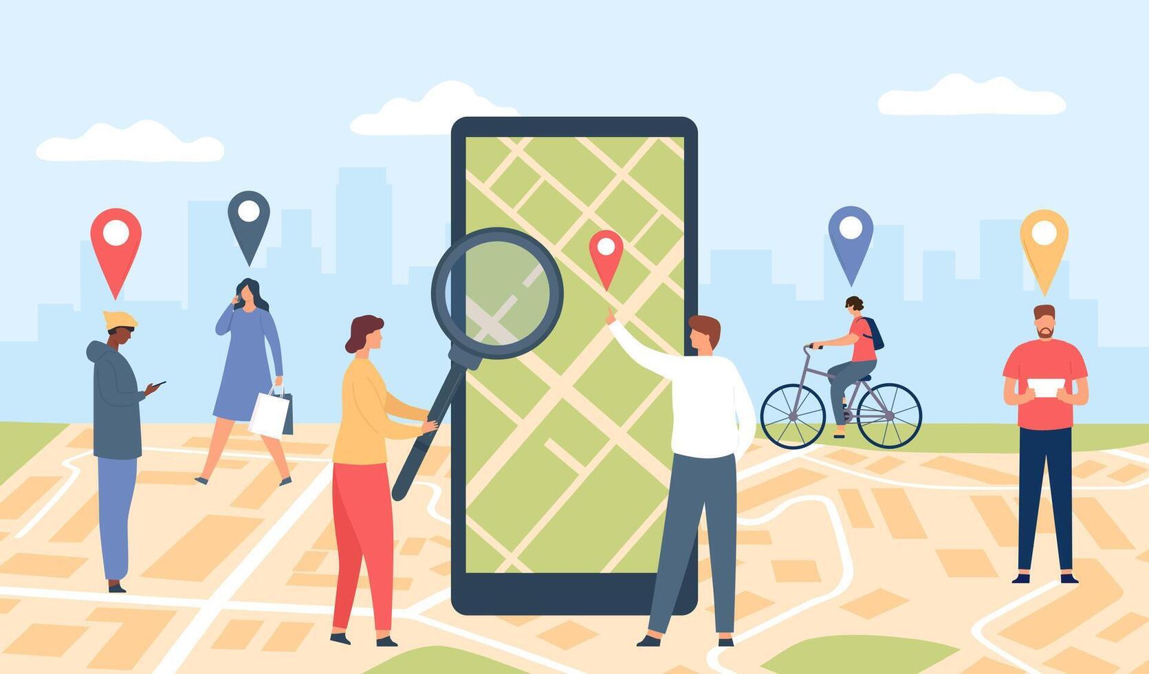 Tracking online application. Smartphone with GPS app on screen, city location map and walking people with pins. Geolocation vector concept