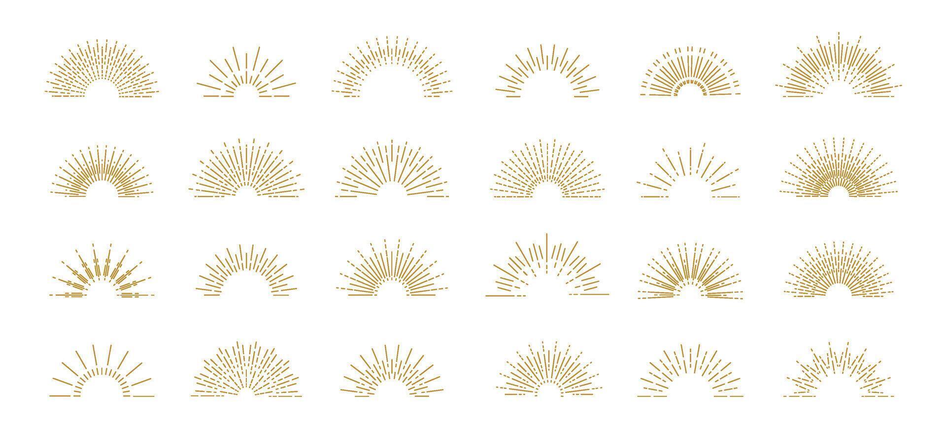 Linear rising sun. Outline boho sunset logo decorative element, abstract minimalistic sun symbol. Vector isolated set