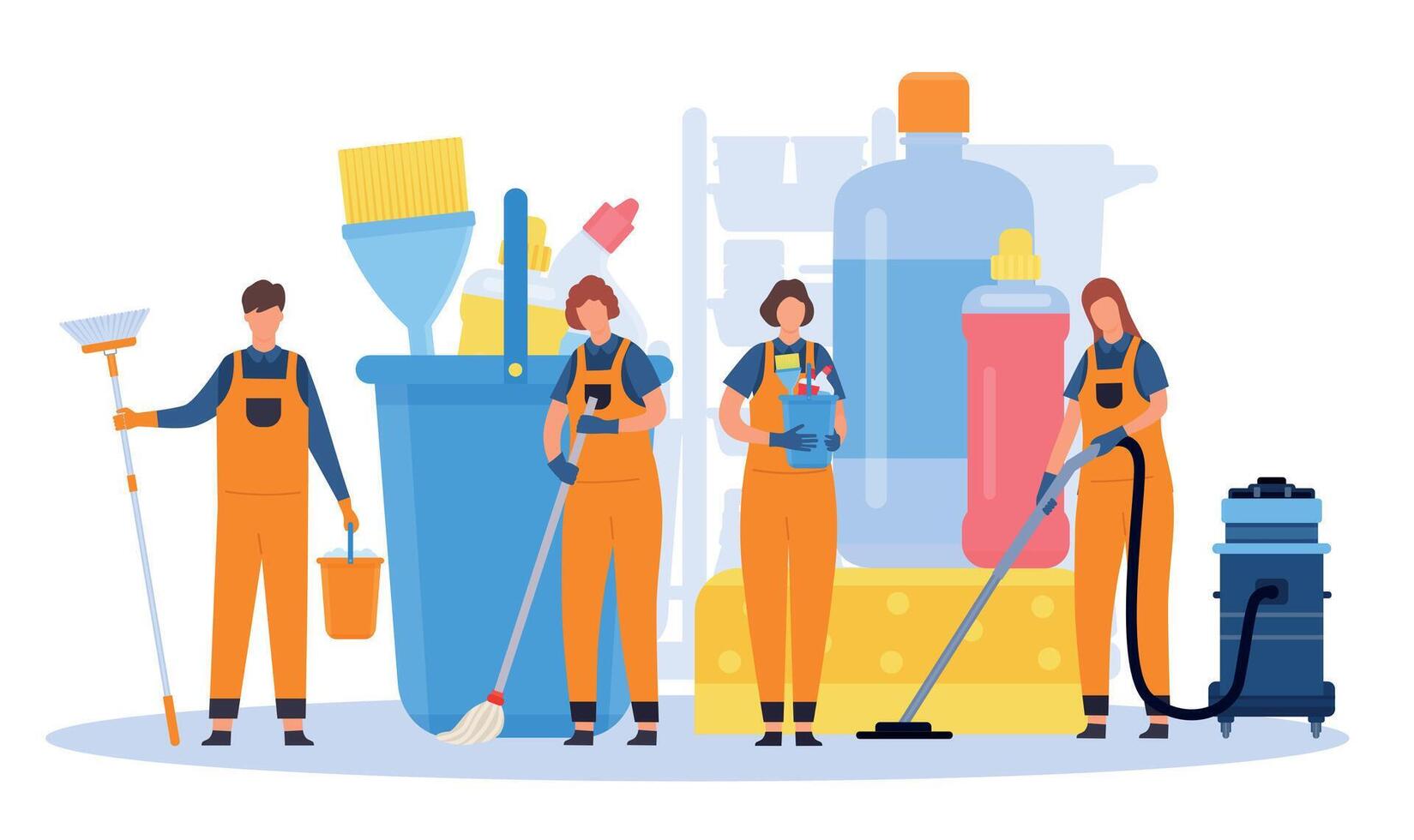 Professional cleaning service team with equipment and tools. Flat men and women cleaners in uniforms with vacuums and brooms vector concept
