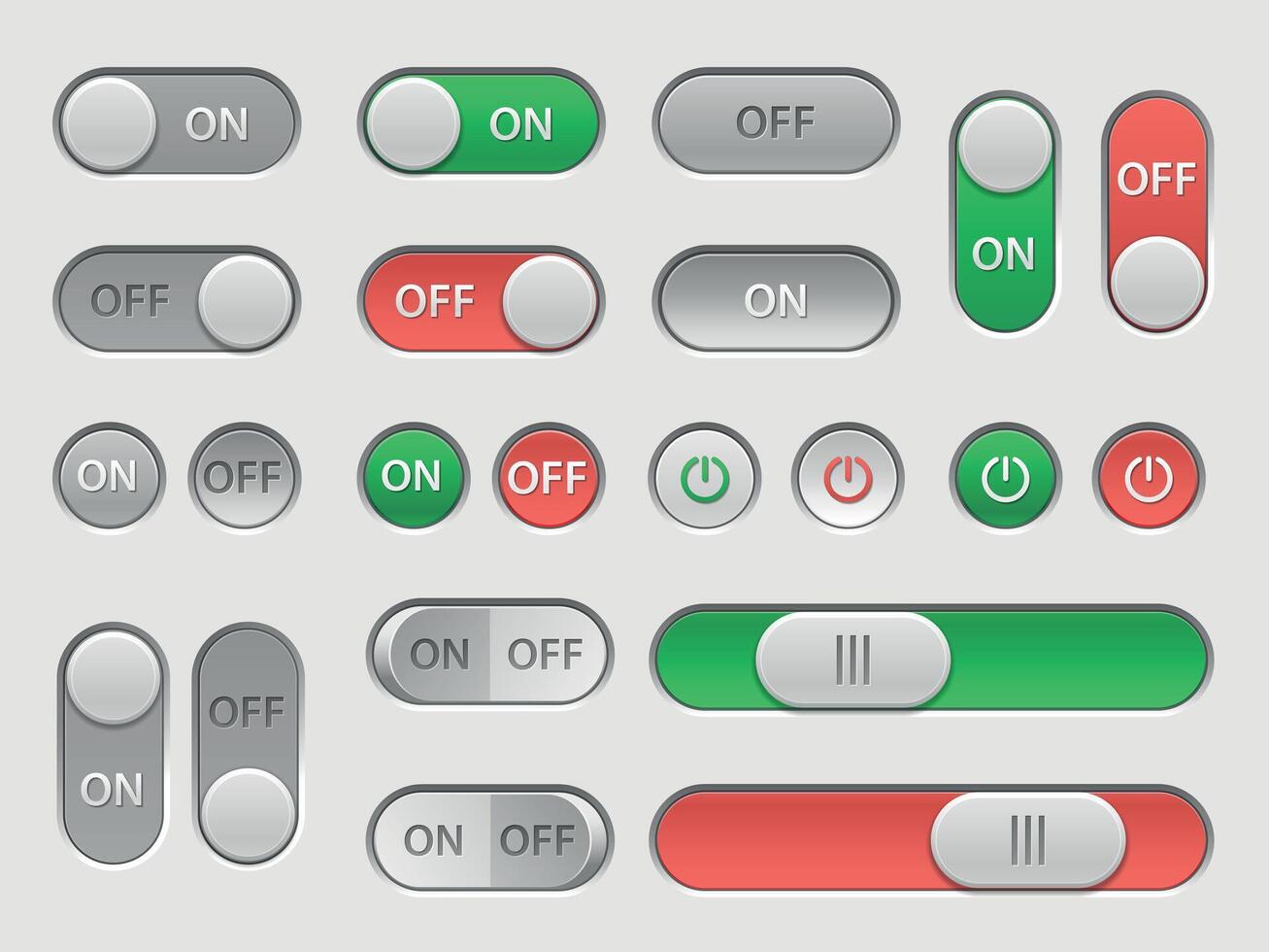 On off switch. User interface toggles and sliders touch elements, web site and phone application round buttons. Vector control panel and settings UI set