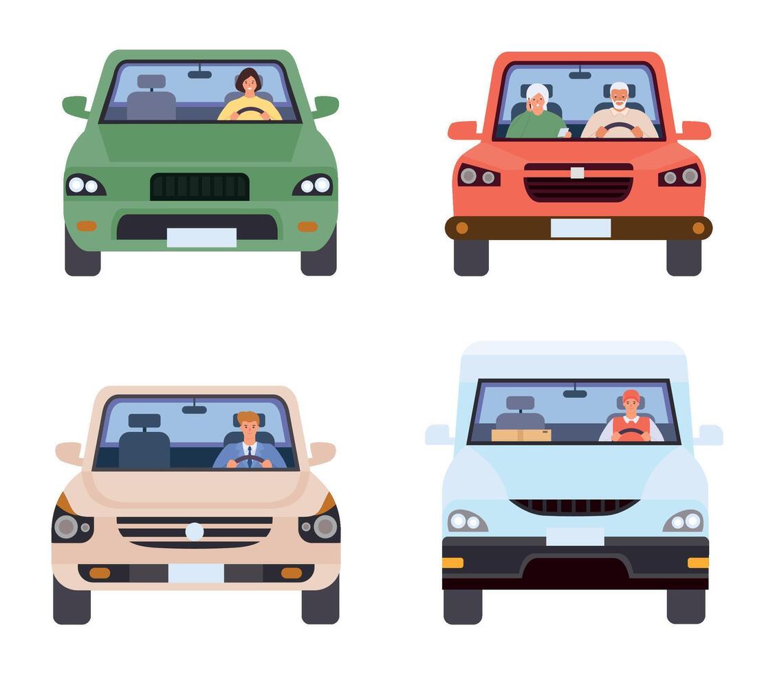 People in cars front view, collection of vehicles vector