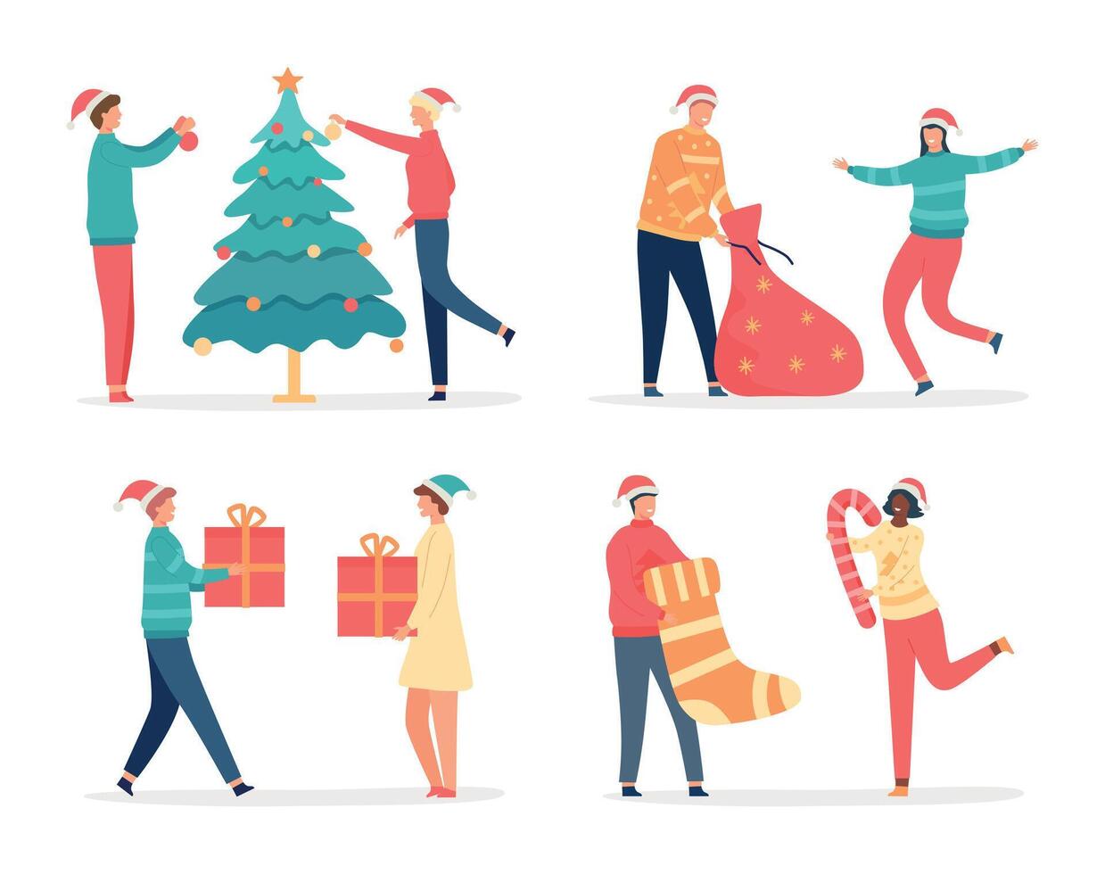 Christmas people celebrating christmas near decorated tree. Female and male characters jumping and opening bag with gifts. Cartoon happy couple with Santa hats under confetti vector