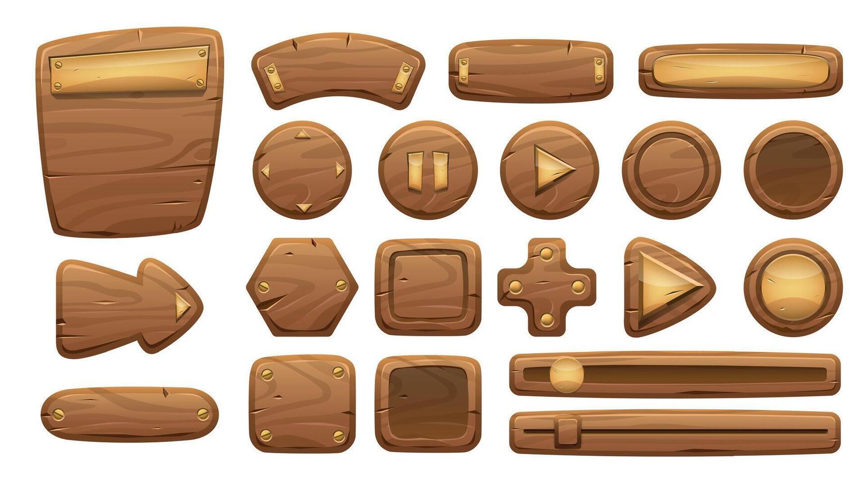 Wooden interface panel. 2D game cartoon wood buttons and menu UI elements, empty signboard and banner. Vector game asset isolated collection