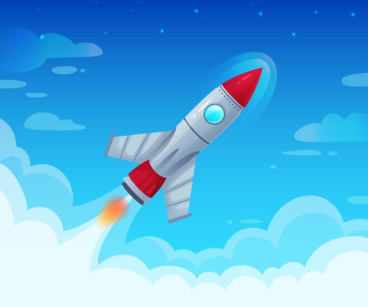 Flying spaceship with flame. Launching new business project or startup idea. Fast speed rocket flight in sky vector