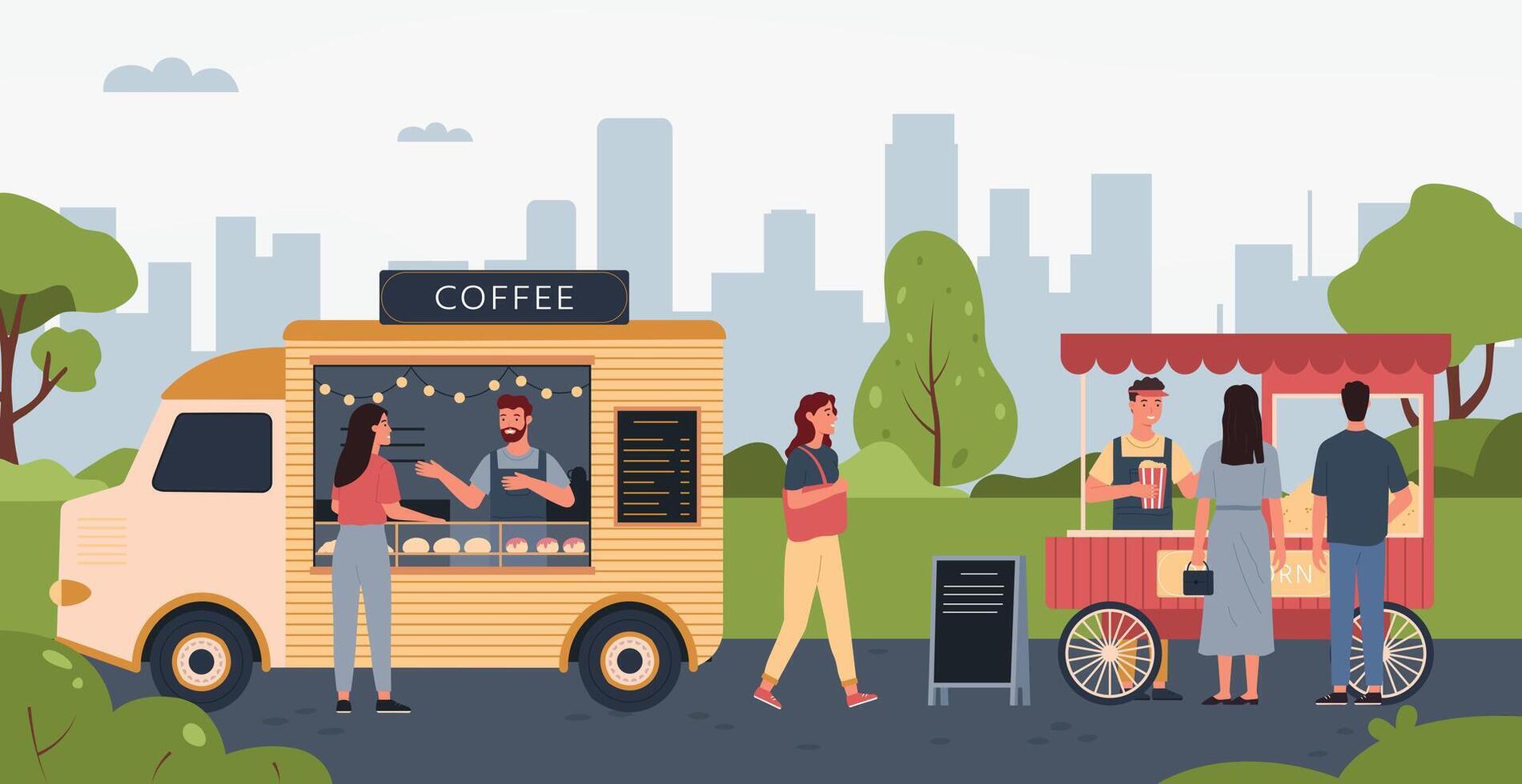 People walking in park and buying snacks in kiosk vendors. Outdoor street food market with trucks selling coffee drinks vector