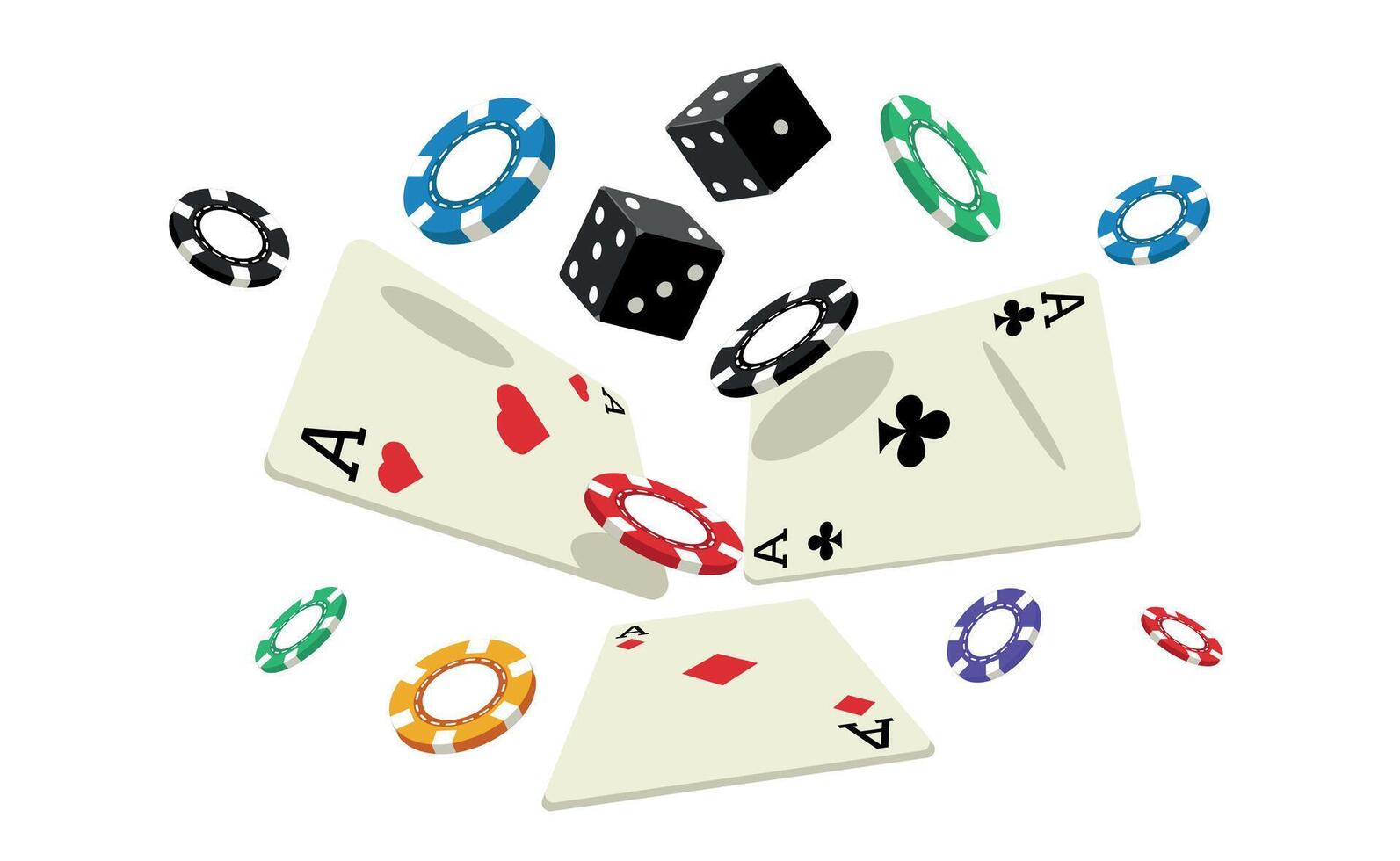 Falling cards and chips. Playing casino accessories for poker, floating red and black coins, money winning gambling game concept. Vector illustration