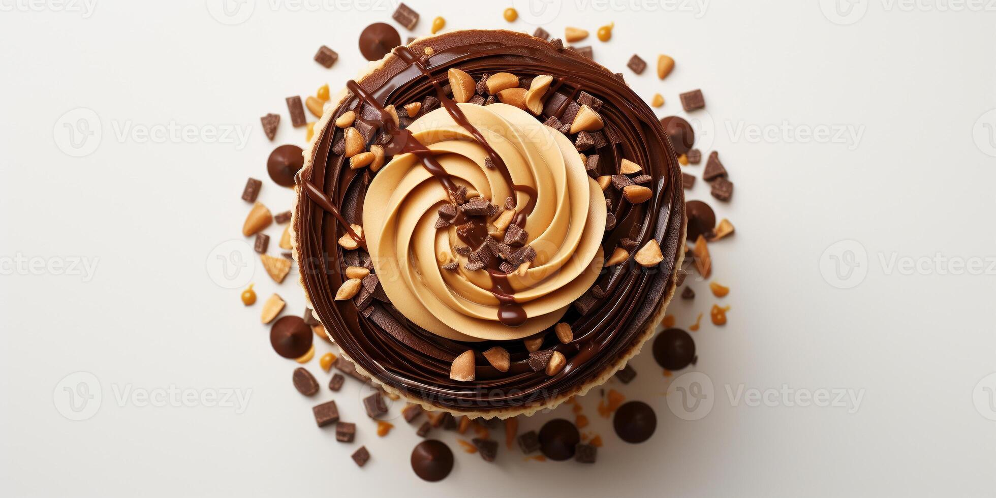 AI generated Top view of Peanut Butter cup cake on white background with copy space Delicious fresh baked healthy gourmet homemade dessert photo
