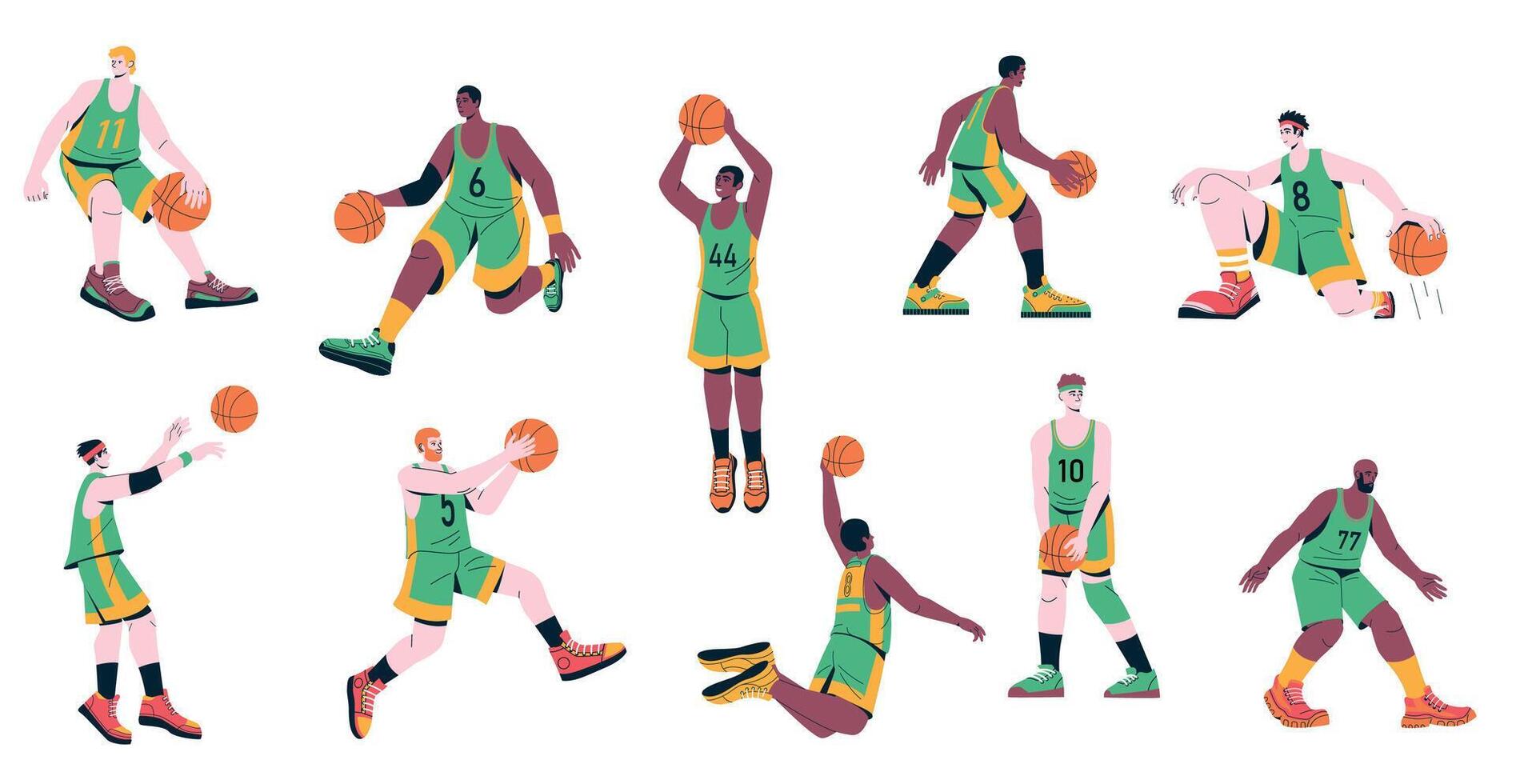 hombres baloncesto jugadores conjunto de masculino caracteres formación lanzamiento pelota en cesta, deporte equipo en uniforme jugando juego dibujos animados plano estilo. vector colección