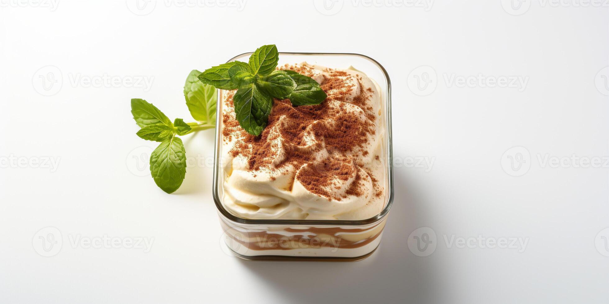 AI generated Top view of Tiramisu cake on white background with copy space layered delight Delicious fresh baked healthy tasty homemade dessert photo