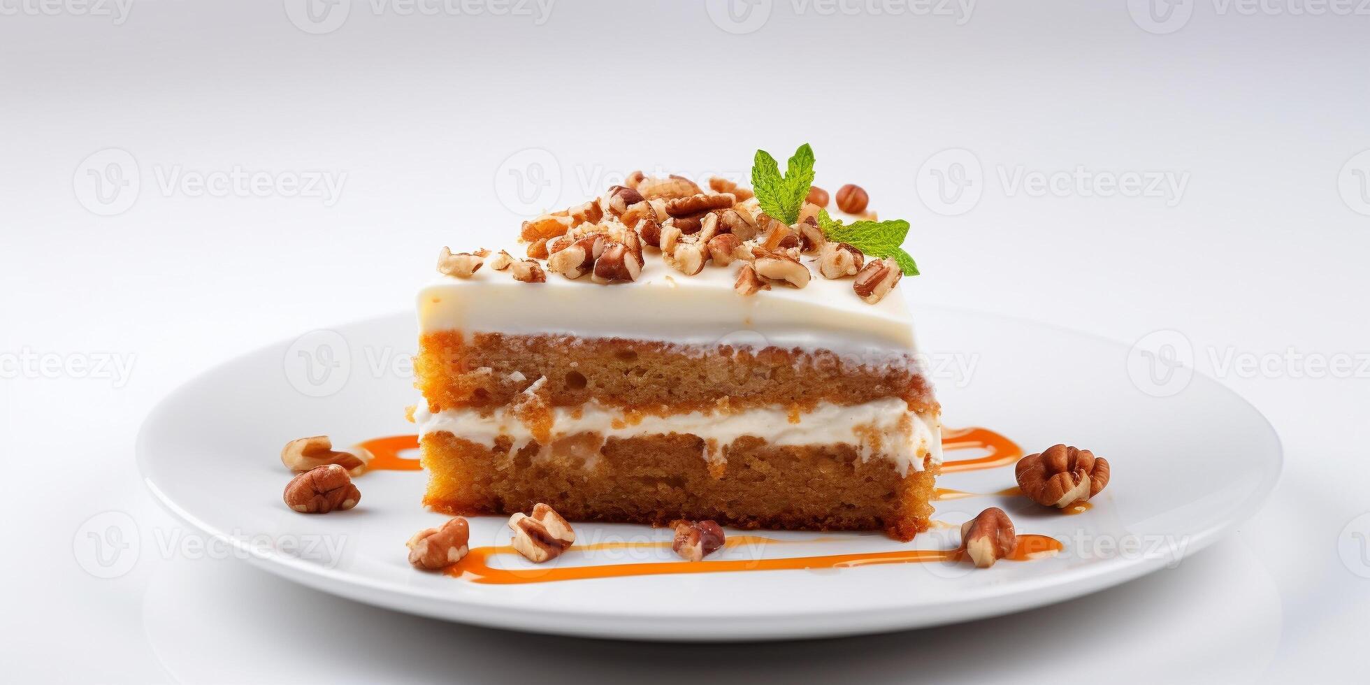 ai generado Zanahoria pastel en blanco antecedentes con Copiar espacio en capas deleite delicioso Fresco horneado sano vegano gastrónomo hecho en casa postre foto