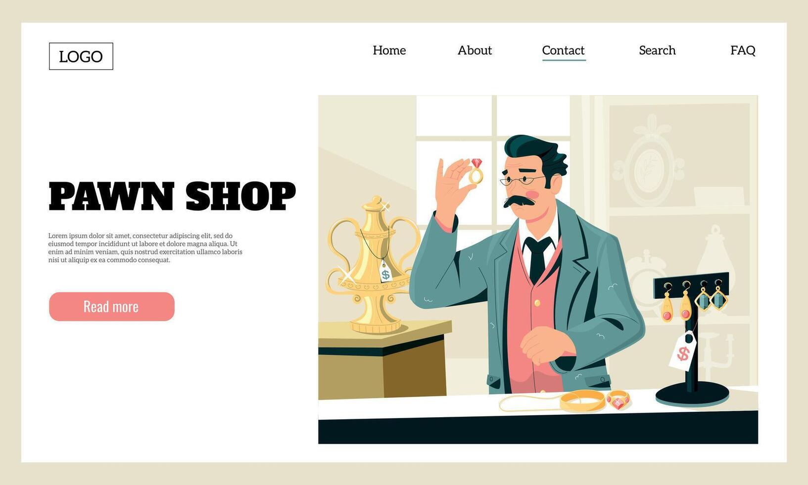 Pawn shop landing. Jewelry store worker estimates the cost of diamond ring, showcase with expensive precious things. Vector cartoon website template